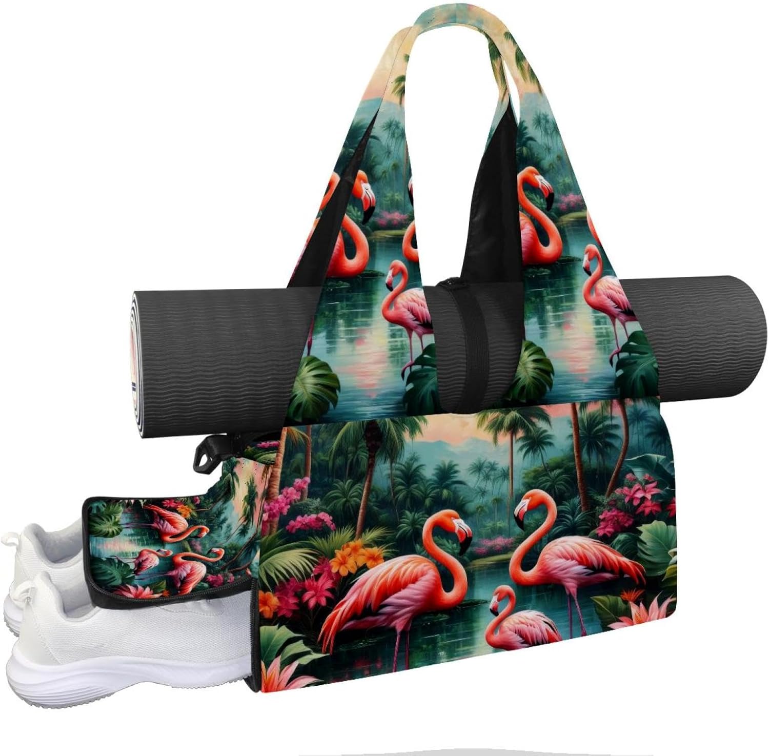 Gym Bag for Women, Tropical Leopard Yoga Mat Bag with Shoe Compartment, Sport Yoga Gym Bag with Yoga Strap, Carryall Yoga Tote Bag