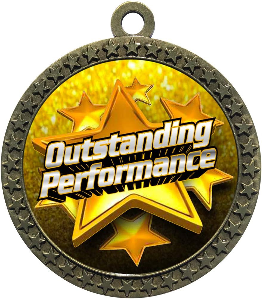 Large 2-1/2 inch Diameter Metal Antique Gold Outstanding Performer Performance Medals Star Award Trophy Champion Winner with Red White and Blue Neck Ribbons (Pack of 10)