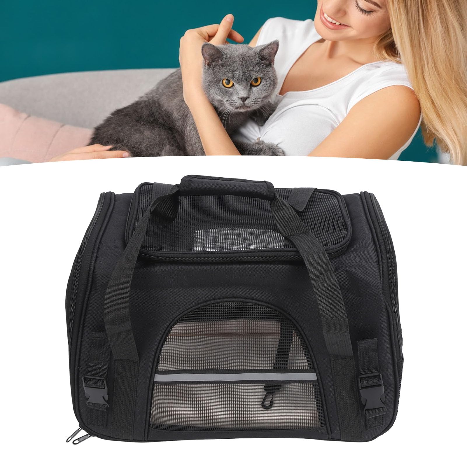 Trasportino per Animali Domestici, Borsa per Gatti in Rete Traspirante Trasportino per Cani Portatile Pieghevole, Borsa per Cuccioli di Grande Capacità Borsa da Viaggio per Animali Domestici(Nero)