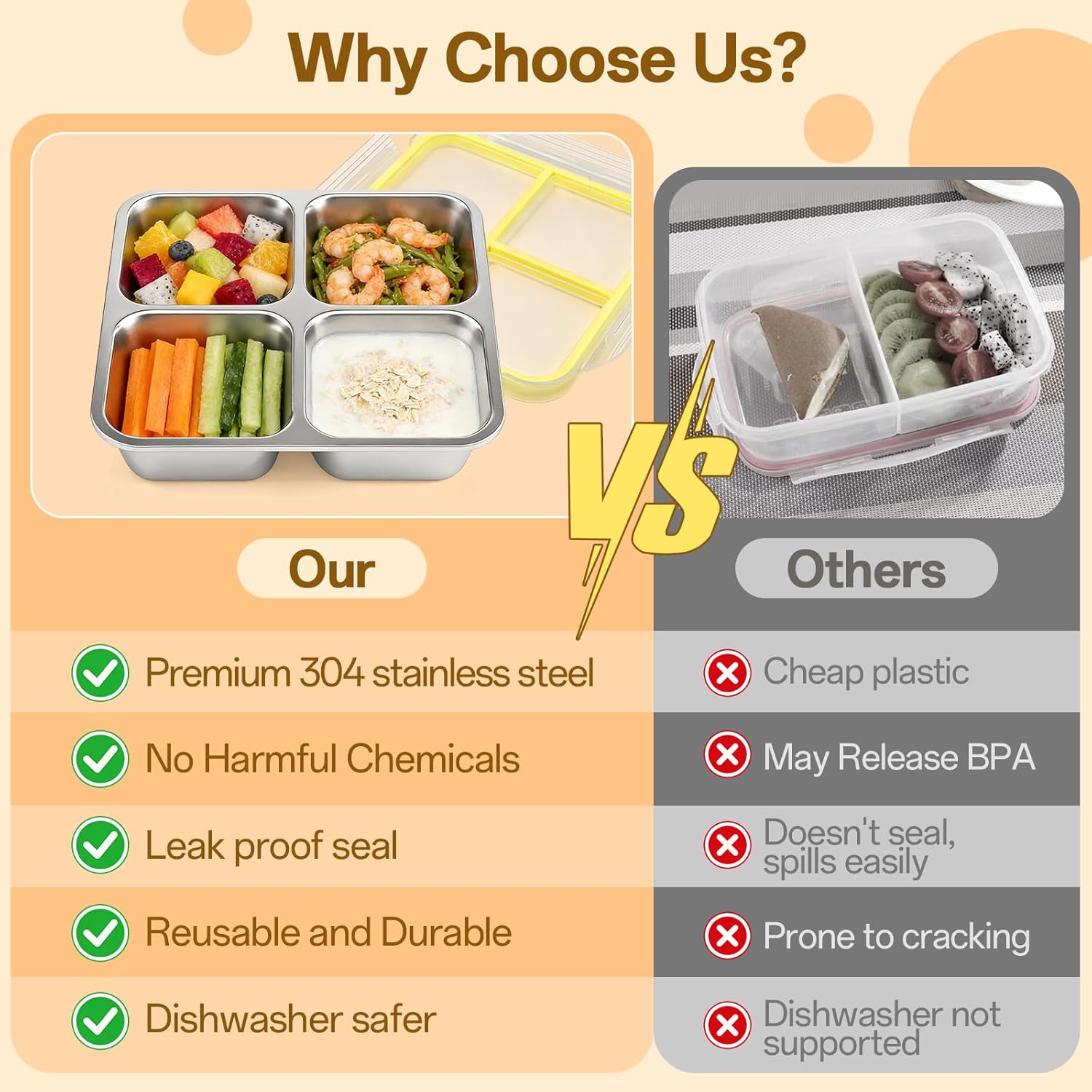 Stainless Steel Snack Containers, 4 Compartment Metal Bento Box with Lids Airtight, Reusable Snackle Boxes Meal Prep Lunch Container Leakproof Food Storage for Travel, Picnics, Work - Image 5