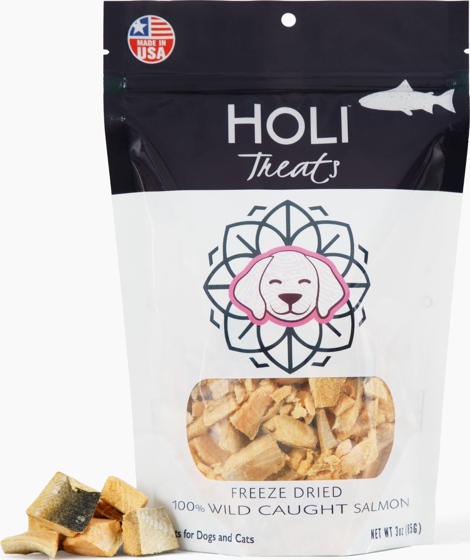 HOLI Freeze Dried Salmon Dog Treats - with Omega 3 and 6 Fish Oil - All Natural Dog Treats - Human Grade - Wild Caught Salmon - Made in USA - Grain Free - Diabetic Friendly