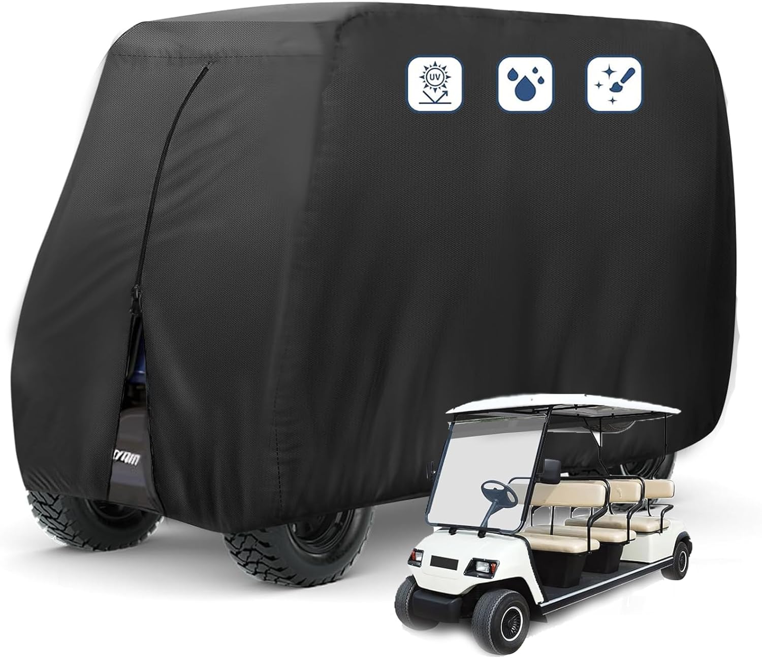 FLYMEI Golf Cart Cover Waterproof, 420D Fabric Universal Fits for Most Brand 2/2+2/4/4+2 Passengers Yamaha, Honda, Club Car, EZGO Golf Cart