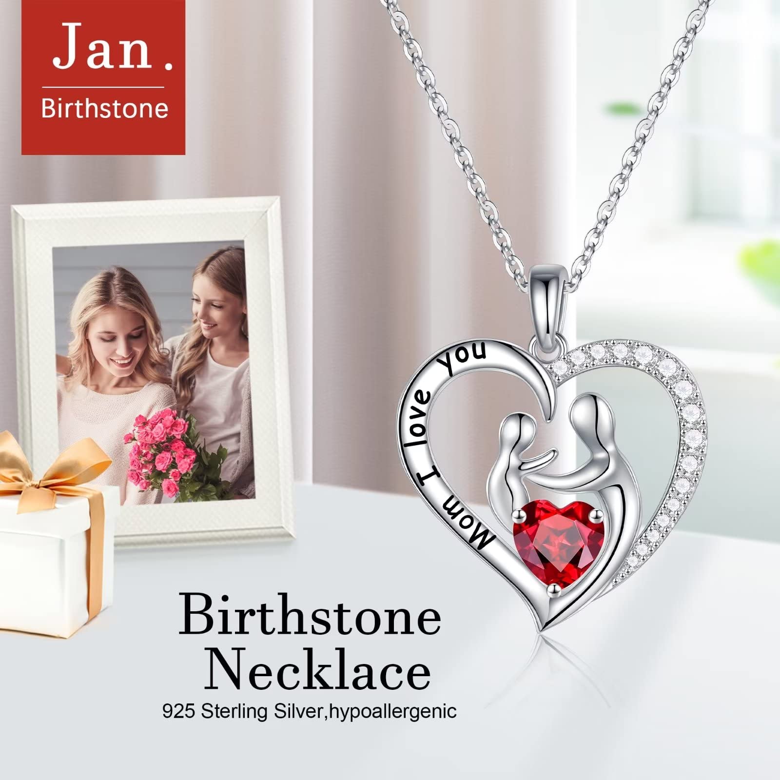 Iefil Collares de piedra natal para mamá, plata de ley 925, colgante de corazón, collar de piedra natal para mamá, plata de ley, granate, Plata esterlina, Granate