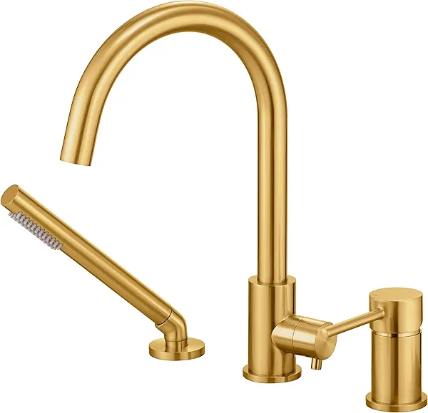 RIGOBAL Deck Mount Bathtub Faucet with Sprayer Brushed Gold Tub Filler Faucets Bathroom Brass with Hand Shower Sprayer High Flow Roman High Flow