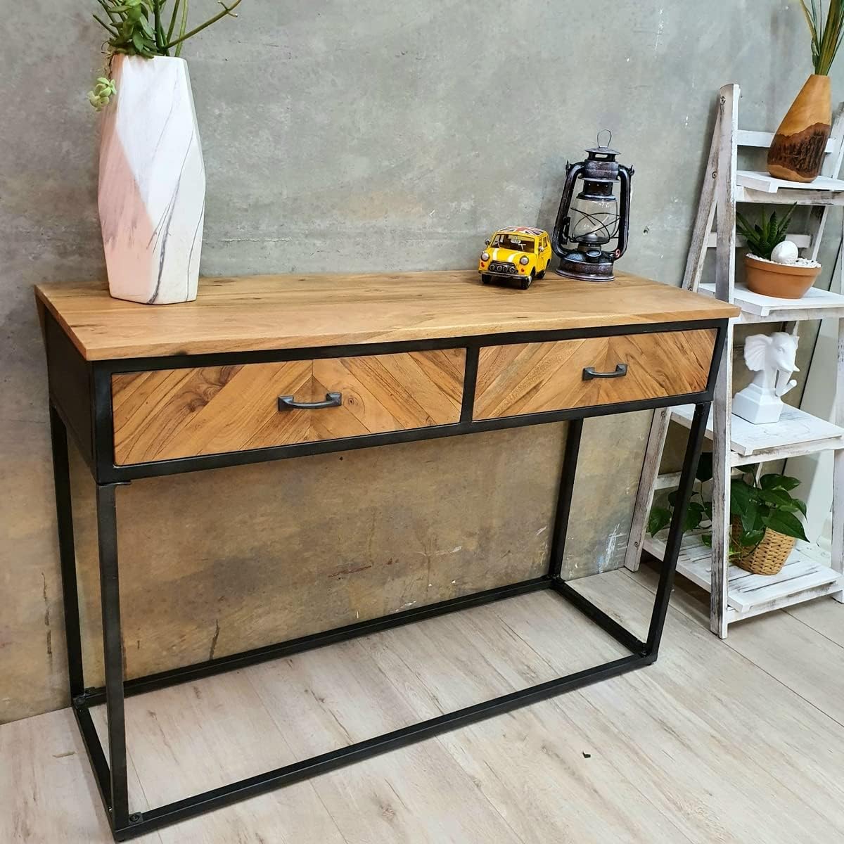 Amazon.com: Vintage Industrial Console Table with 2 Drawers Rustic Solid Wood Metal Frame Chic ...