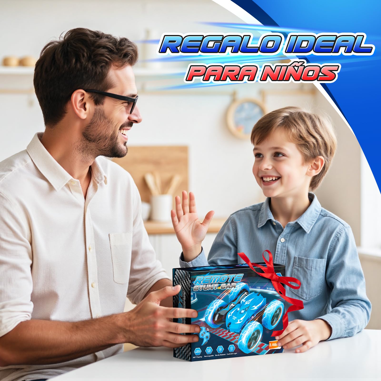 HappyGoLucky Coche Teledirigido 360° Rotación con Faros LED, 2.4 GHz Coche RC Monster Truck Juguetes Regalo Niños 3-8 Años, Regalos Cumpleaños Juegos Exterior Coches para Niños 4x4 Crawlers
