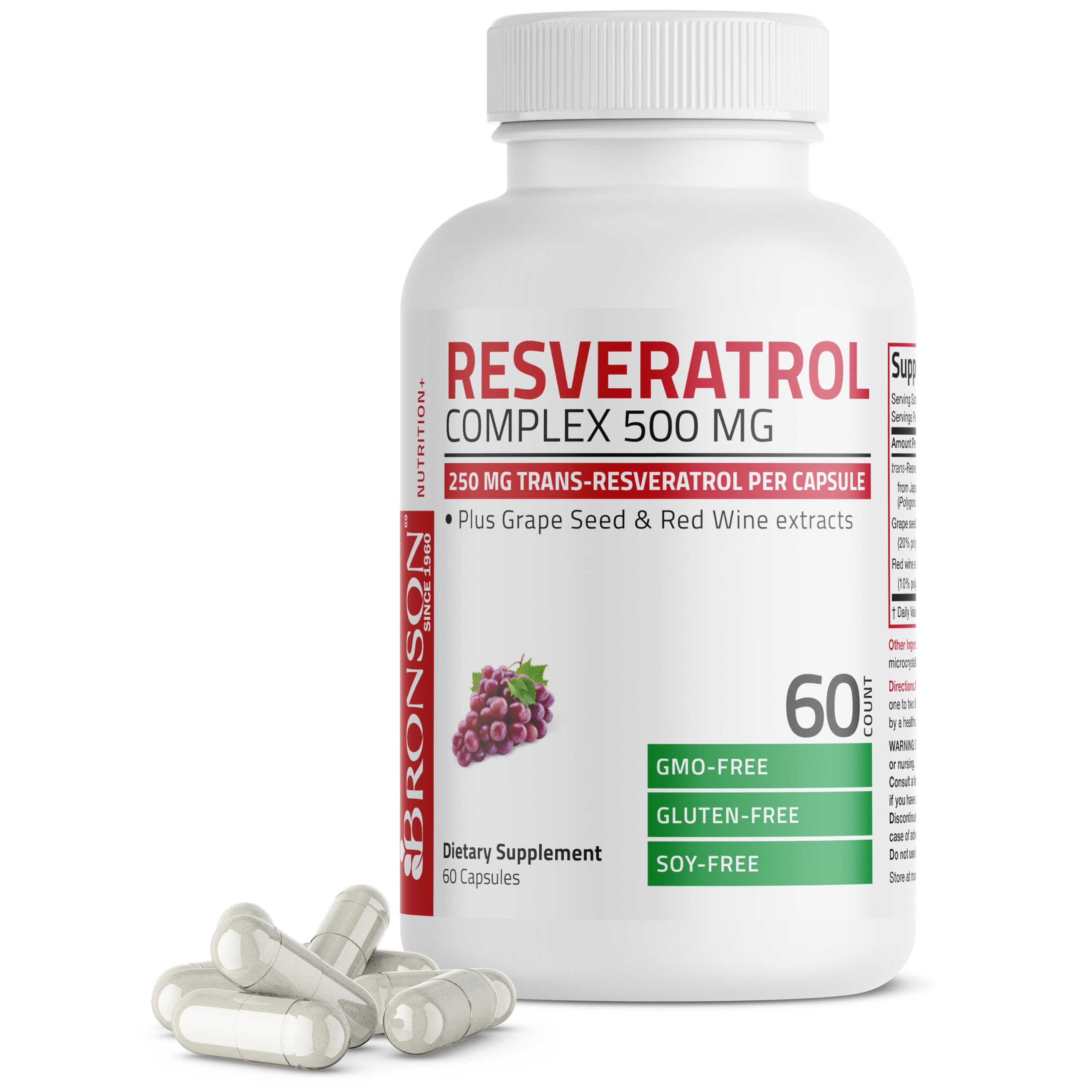 Bronson Resveratrol Complex 500 mg with Grape Seed & Red Wine, 60 Capsules 60 Count (Pack of 1)