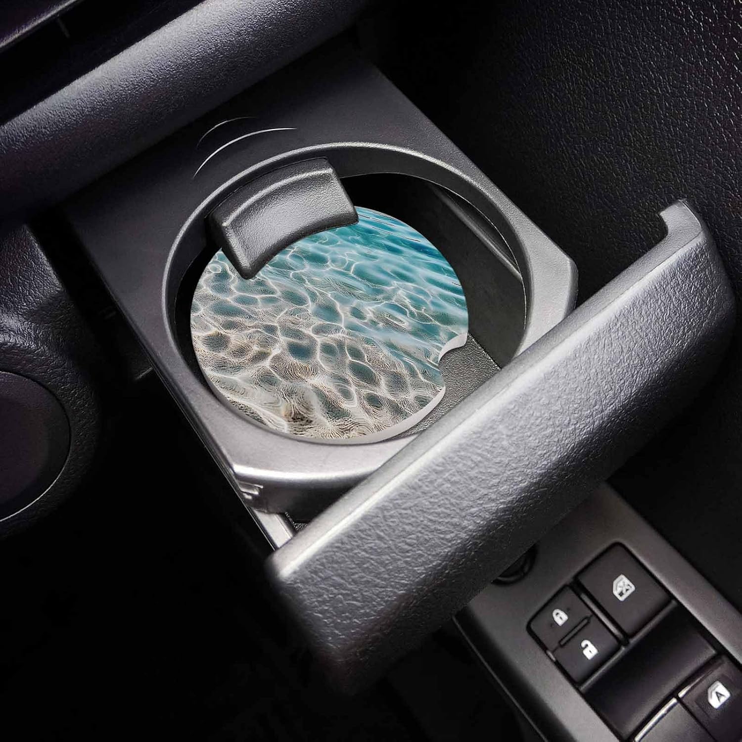 Ocean Water Ripple Car Cup Holder Coasters Set of 2, Summer Seaside Underwater Scene Absorbent Ceramic Stone Drink Coaster with A Finger Notch for Easy Removal of Auto Cupholder