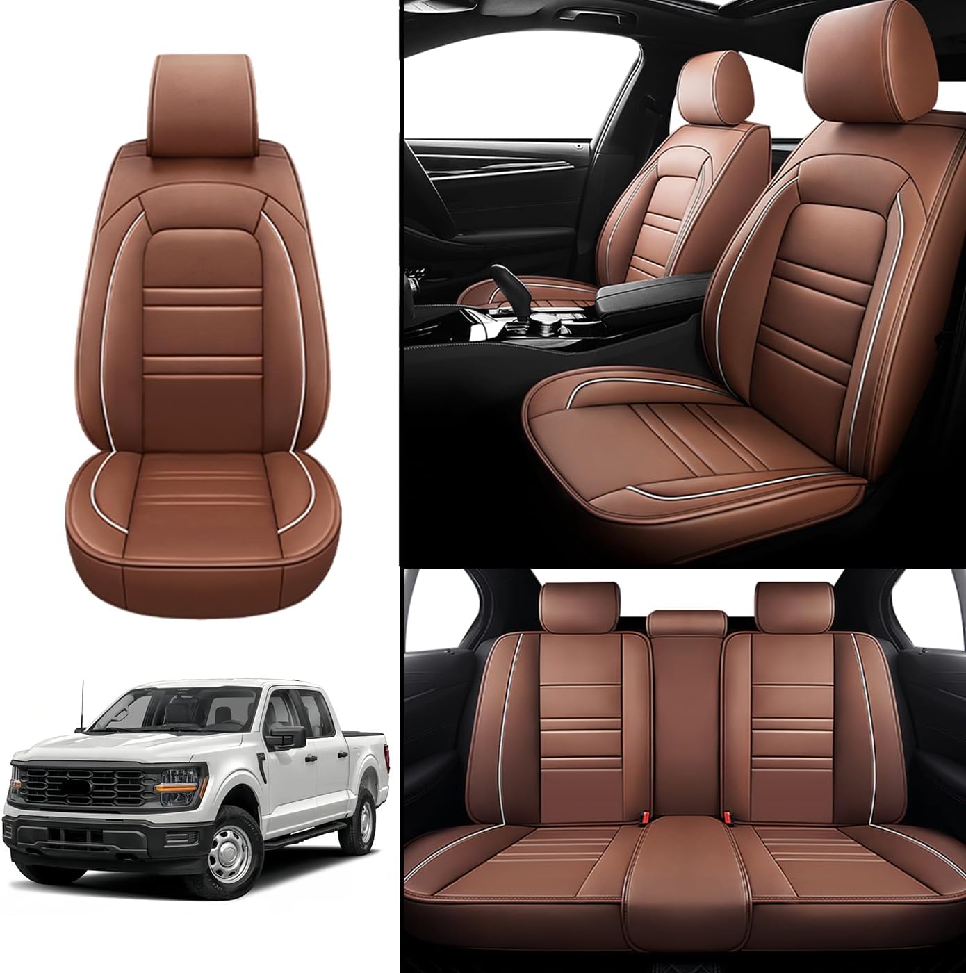 Seat Covers for Ford F150 2003-2025 | 5-Seats Leather Seat Covers, Easy to Install Automotive Seat Covers Full Set (Full Set, Coffee)
