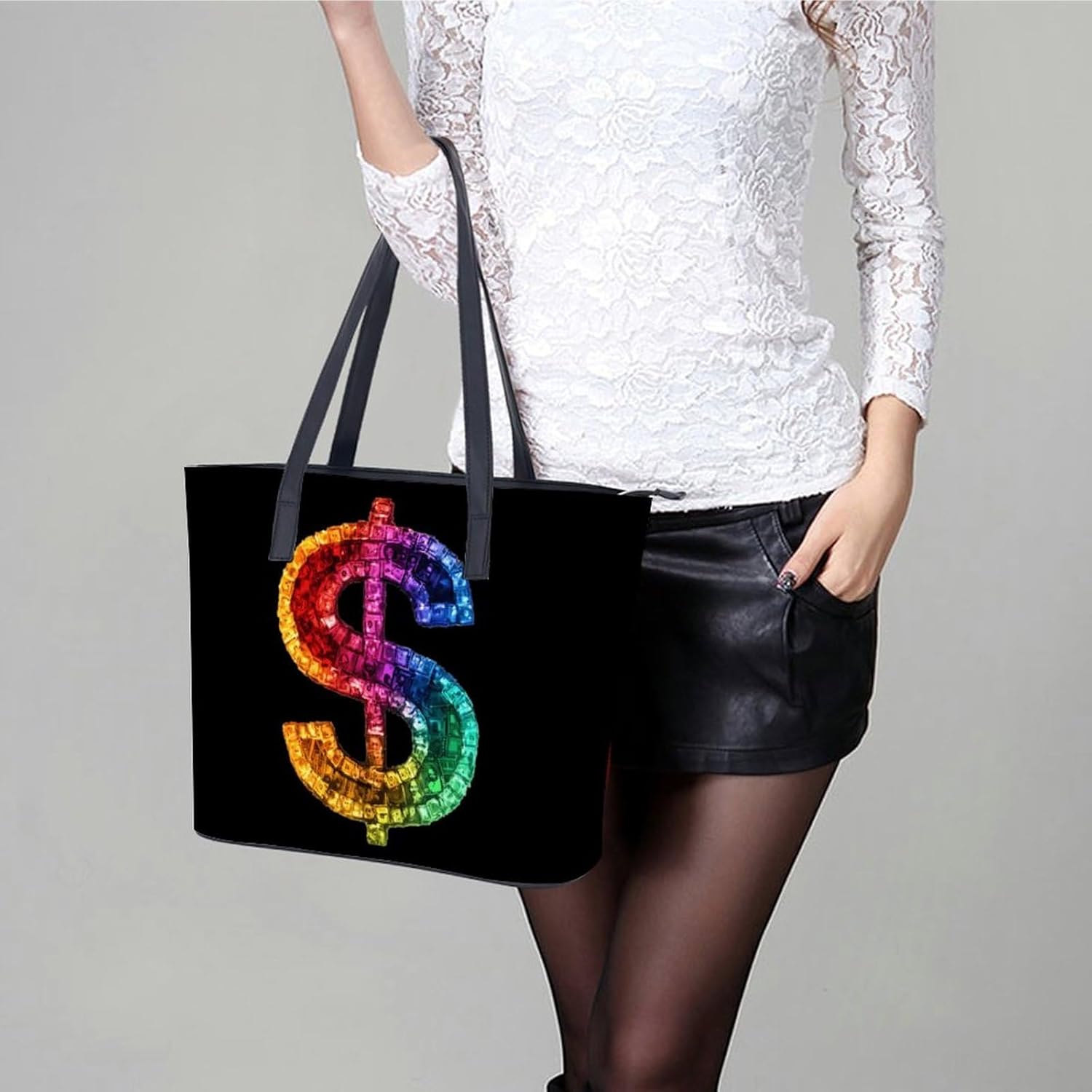 Rainbow Dollar Sign Women's Satchel Handbags Tote Shoulder Bag Purses for Travel Shopping Work