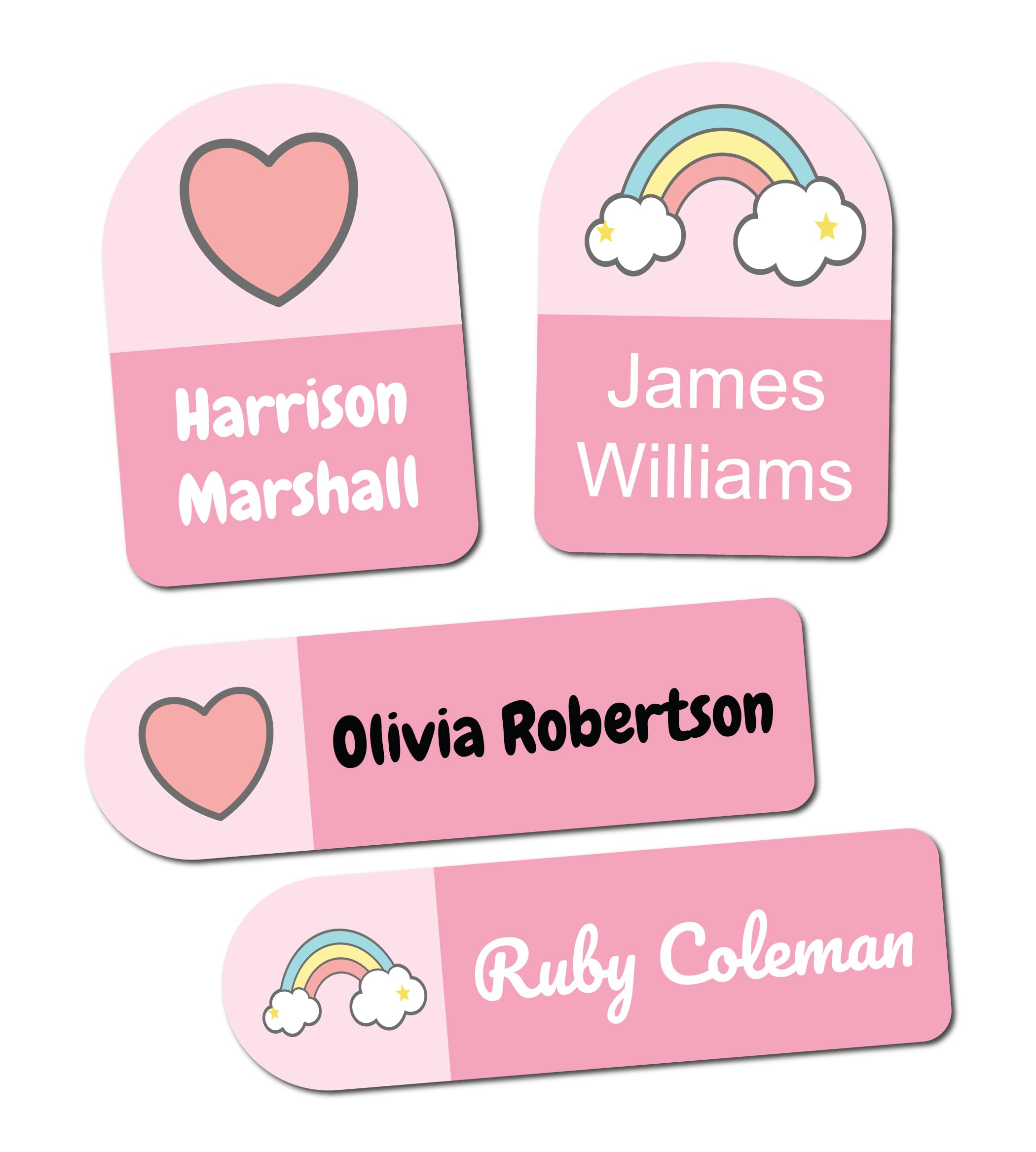 QuoteMyWall 20 Personalised Stick On Clothing Labels Fors Kids School Clothes Nursery Washable Tumble Dryer Safe - Custom Name Sticker Tags for Stationery (Pink (Hearts & Rainbows))