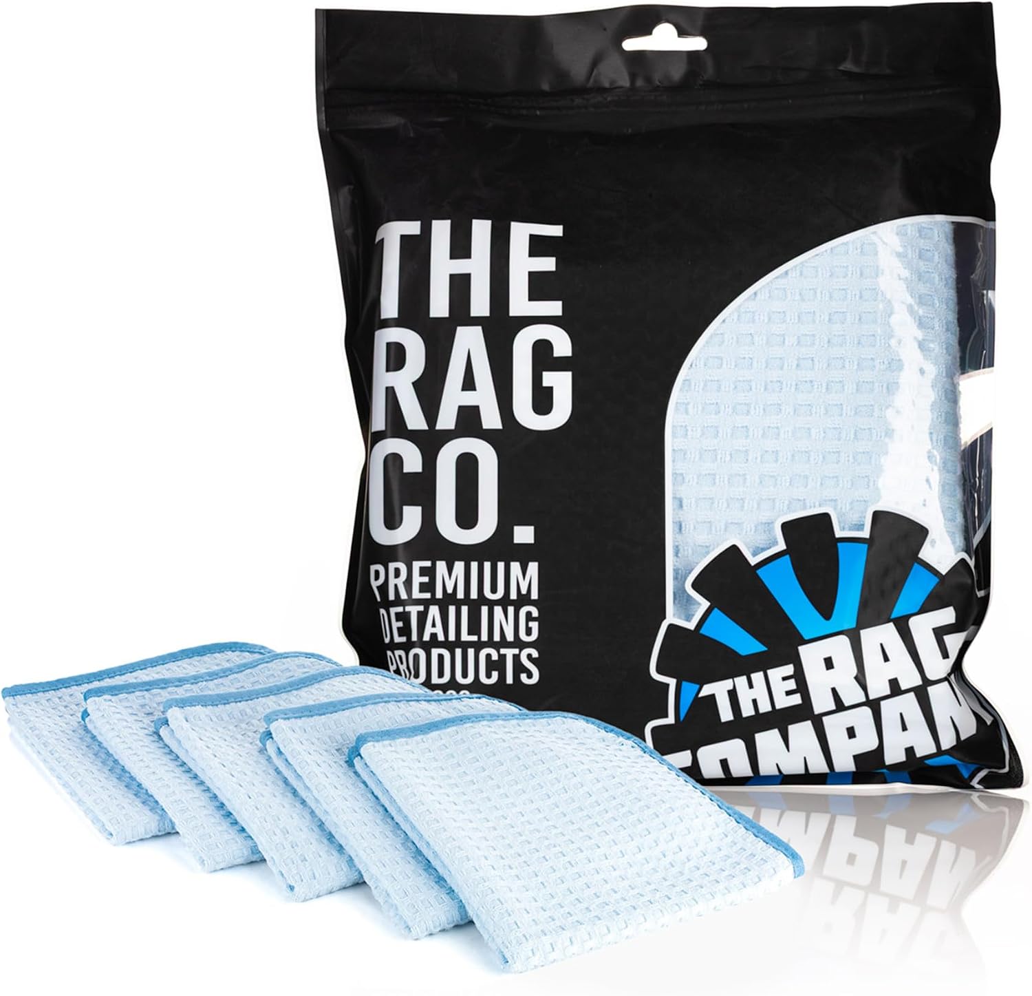 The Rag Company - Dry Me A River - Professional Korean 70/30 Blend Microfiber Waffle-Weave Drying & Detailing Towels, Soft Suede Edges, 390gsm, 16in x 16in, Light Blue (5-Pack)