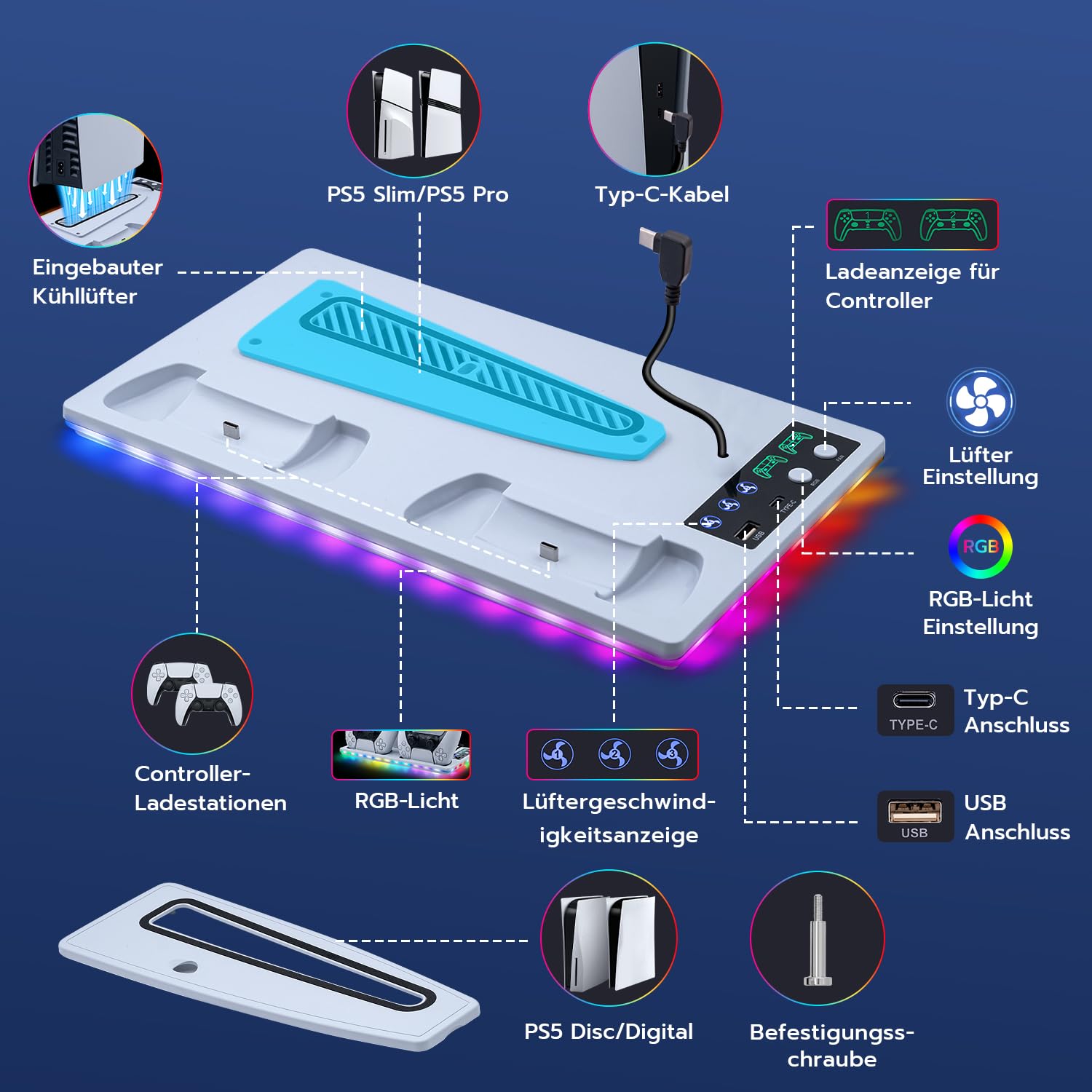 Vertikale Standfuß mit Kühlung für PS5/Pro/Slim, Dual Controller Ladestation Ständer mit 3 Stufen Lüfter/RGB Licht für PlayStation 5 UHD& Digital /PS5 Slim Disc & Digital