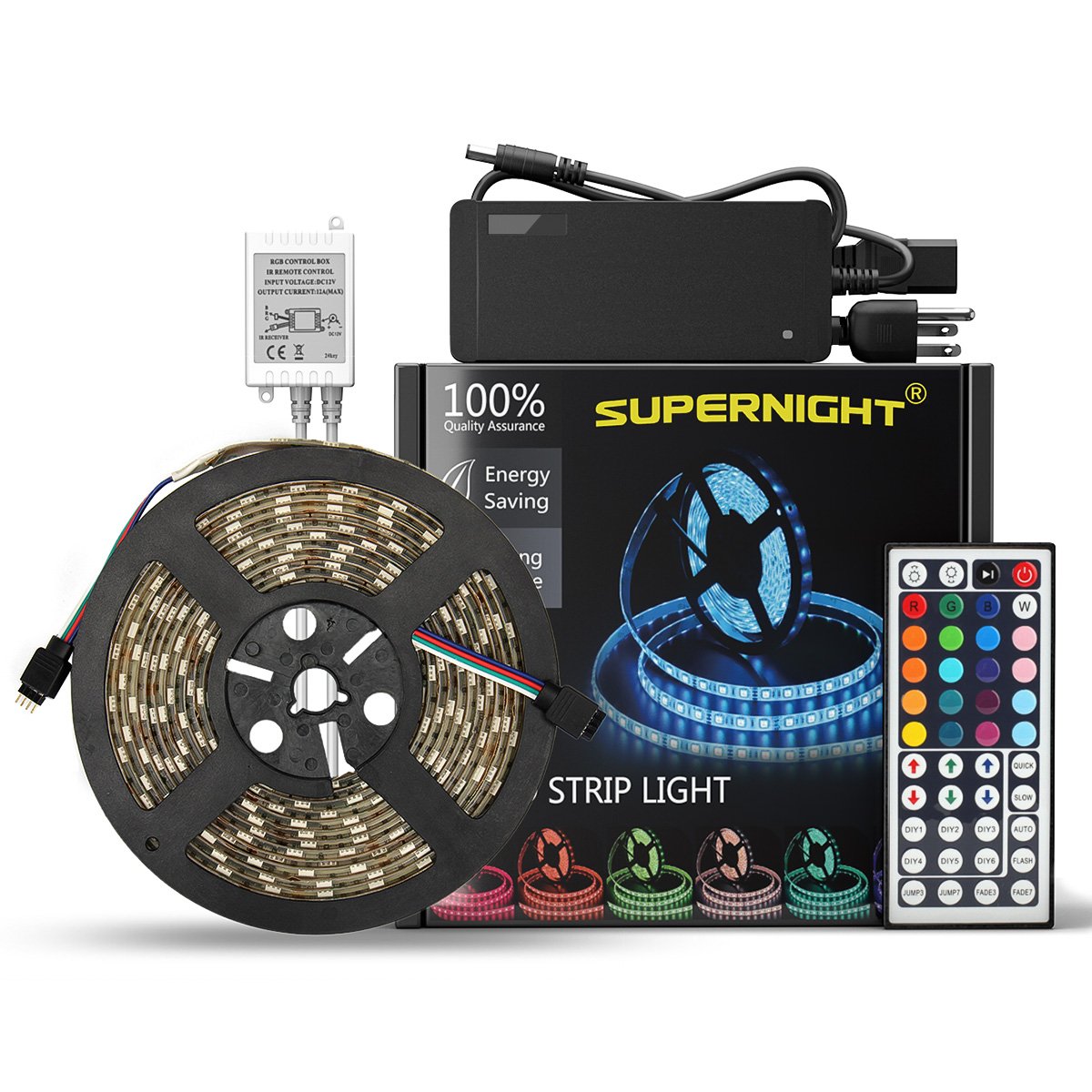SUPERNIGHT 16.4Ft 5050 Waterproof 300leds Light Strip,RGB Color Changing Kit Adhesive Tape with 44 Key Remote Control and 12V DC 5A Power Supply