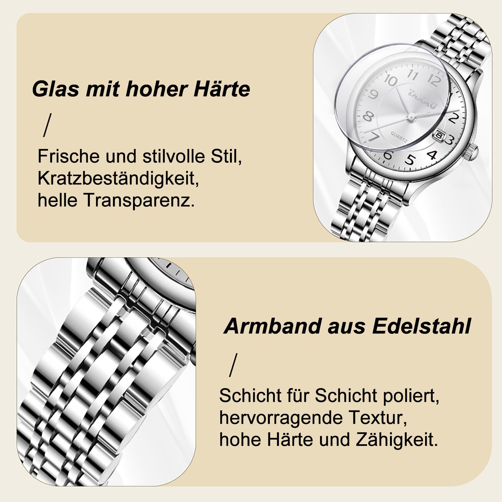 Taxau Armbanduhr Damen Edelstahl, Kleine Damenuhr mit Arabischen Ziffern, Quarzuhr Damen mit Datum, Easy Read Zifferblatt, 3 Bar Wasserdicht, Elegante Uhr für Frauen