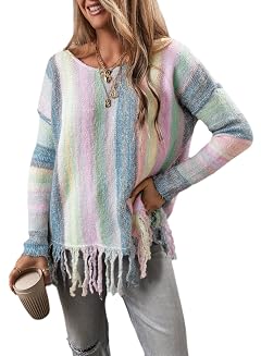 Womens Fall Loose Colorful Striped Sweater Fringe Hem Knit Jumper Vintage Tops