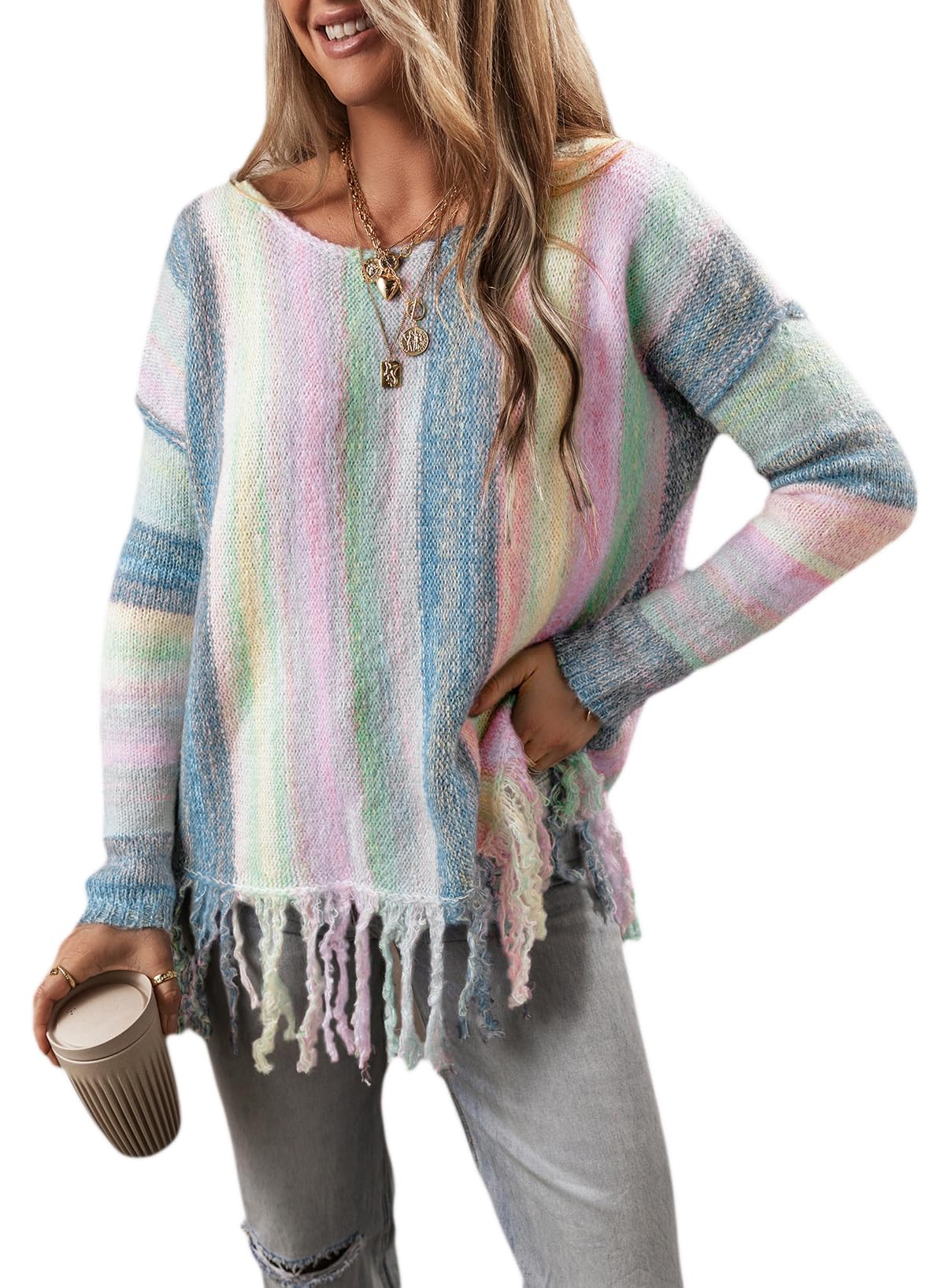 Womens Fall Loose Colorful Striped Sweater Fringe Hem Knit Jumper Vintage Tops