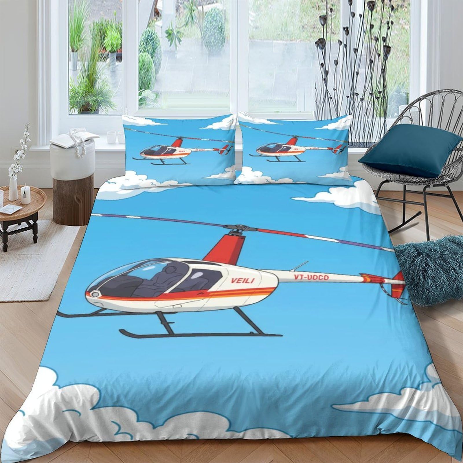 GPLZQXKJNH 3D Printed Helicopter Sky Duvet Cover Microfiber Blue Bedding Set with 2 Pillowcases for Bedroom Decor Single（135x200cm）
