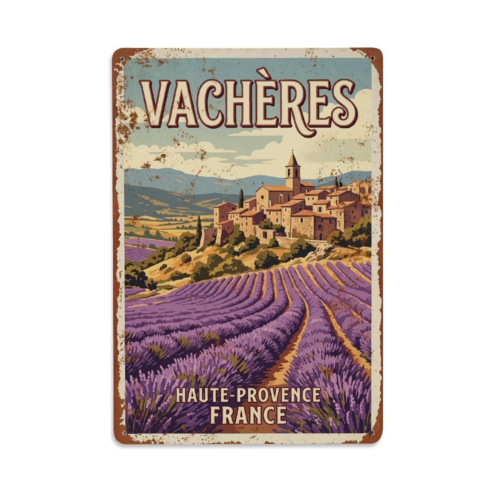 Vintage Travel Vacheres France Cartography Cityscape Metal Tin Sign Plaque Wall Decor for Cafe, Man Cave, Club Bar, Office, Home Garden Round Metal Poster 8x12Inch