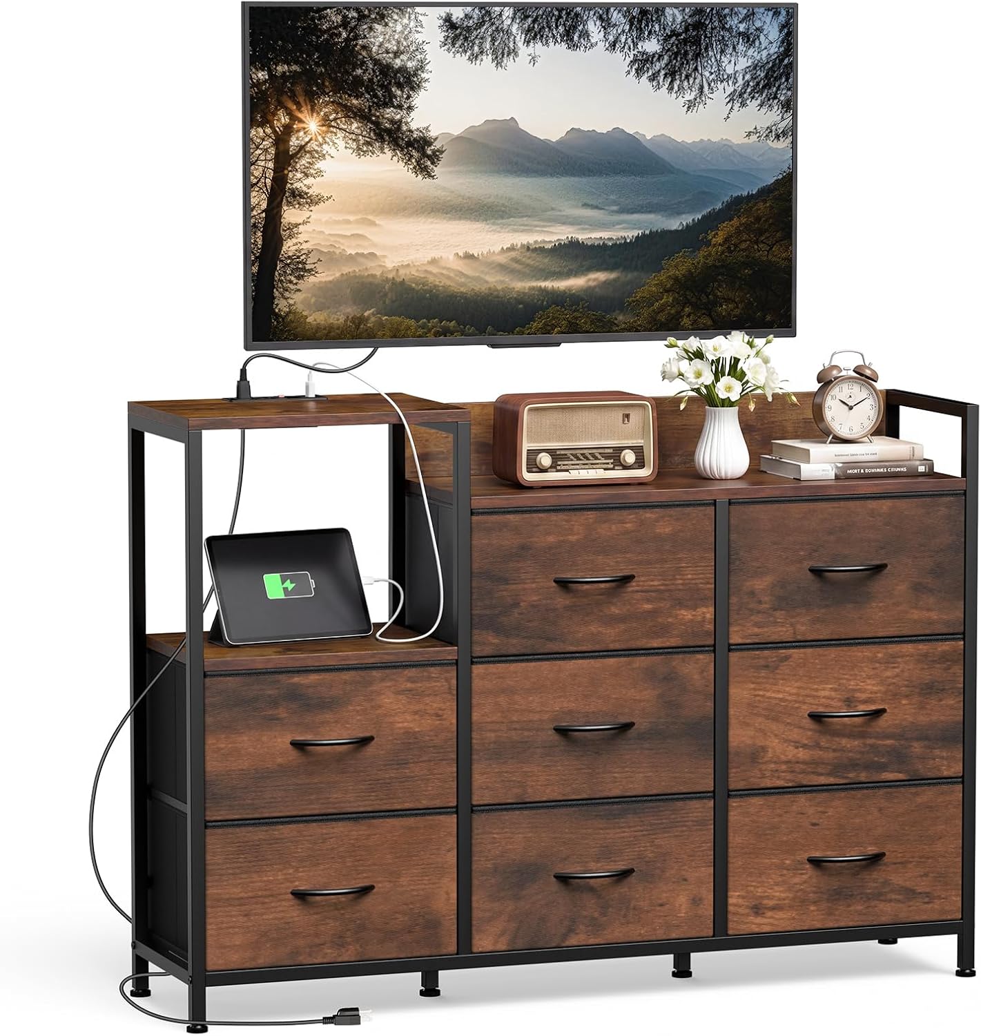 TV Stand for Up to 45 inch TV with Wooden Top, TV Stand Dresser with 8 Fabric Drawers & Open Shelves, Entertainment Center with Charging Station for Living Room Bedroom Hallway, Black