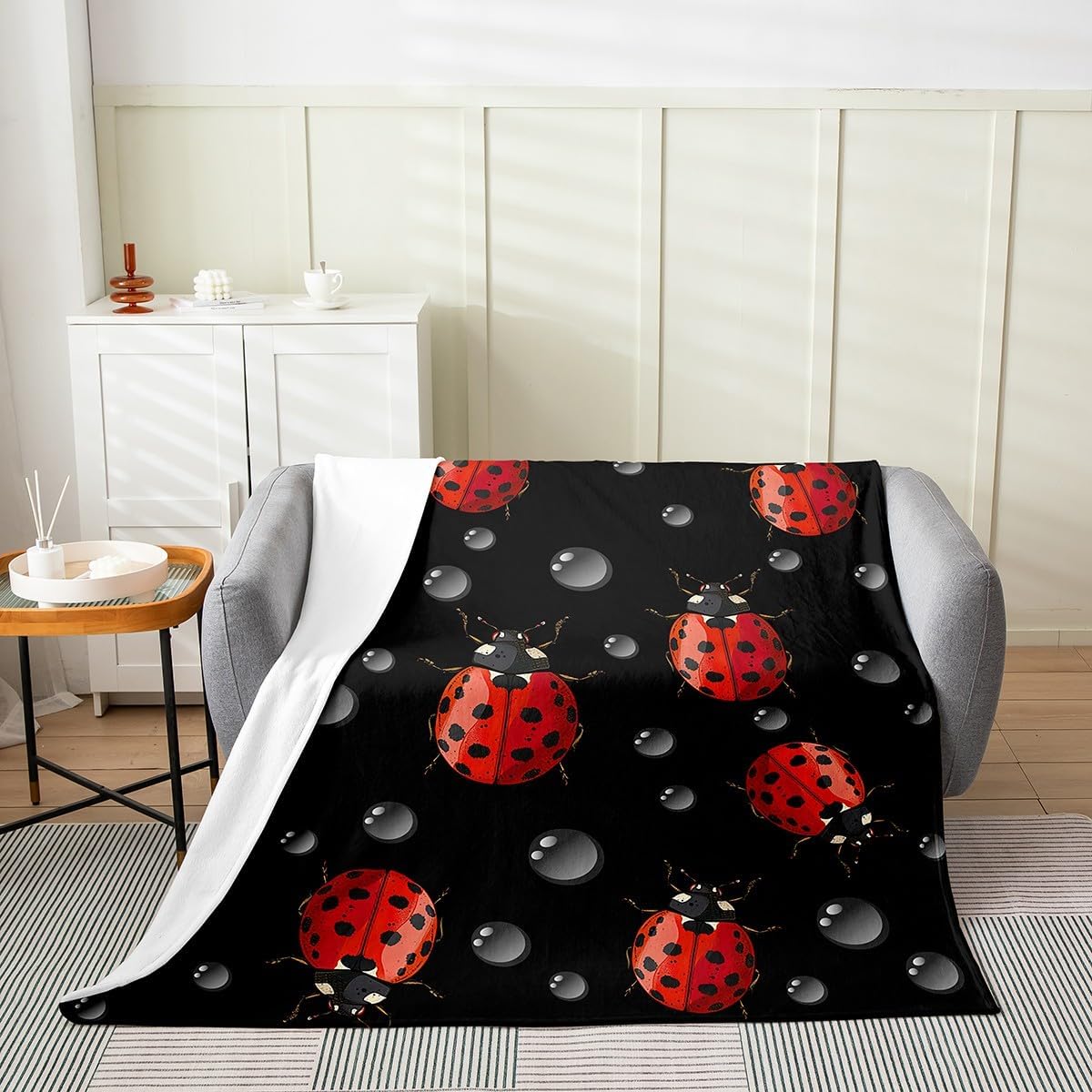 Erosebridal Red Ladybug Throw Blanket,Cute Beetle Blanket for Kids Girls Boys,Cartoon Ladybird Flannel Blanket Queen 90X90,Drops Nature Wild Animal Bed Blanket Breathable Bedroom Decor