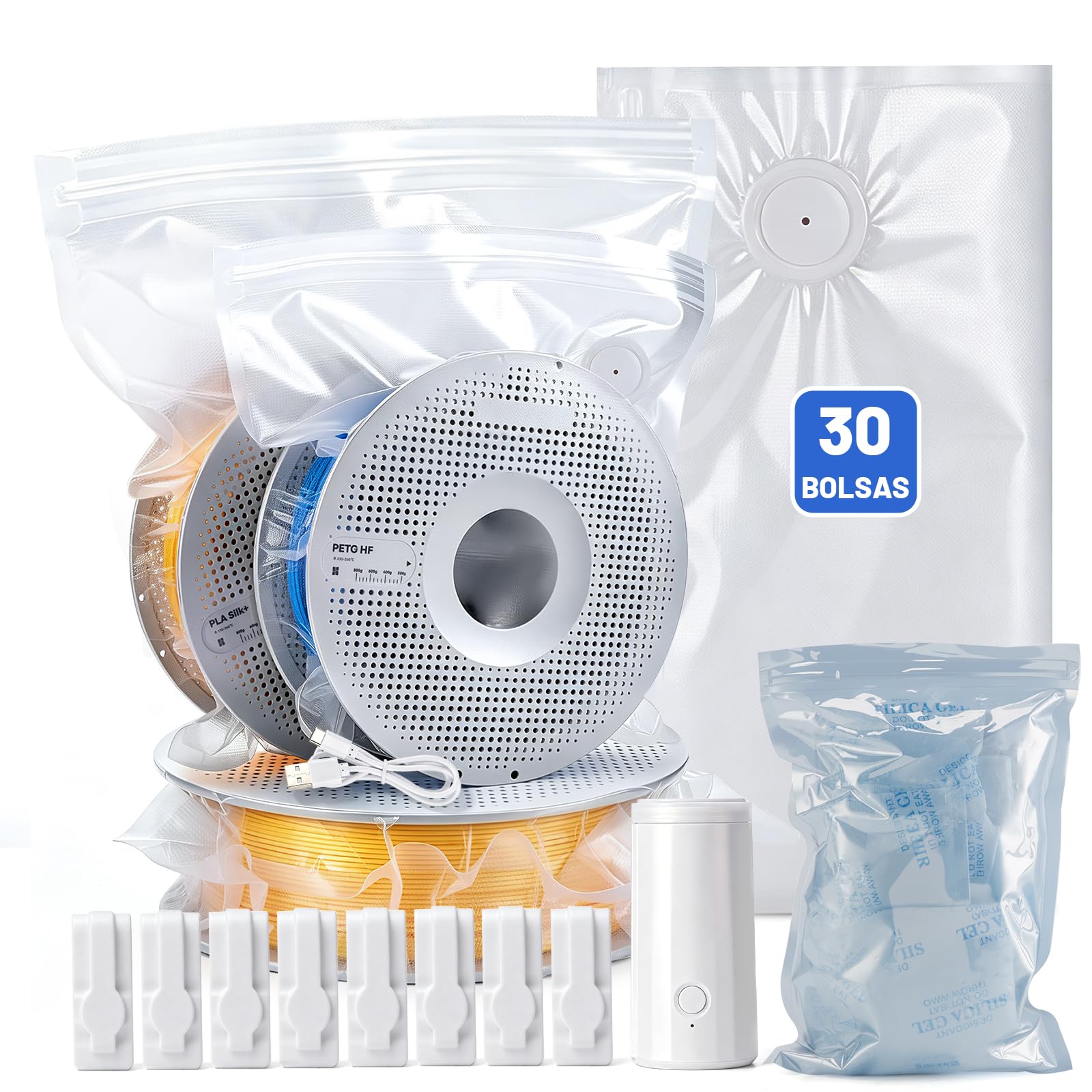 AGPTEK Kit 30 Bolsas Vacío para Filamento 3D, Bomba Eléctrica 60kPa