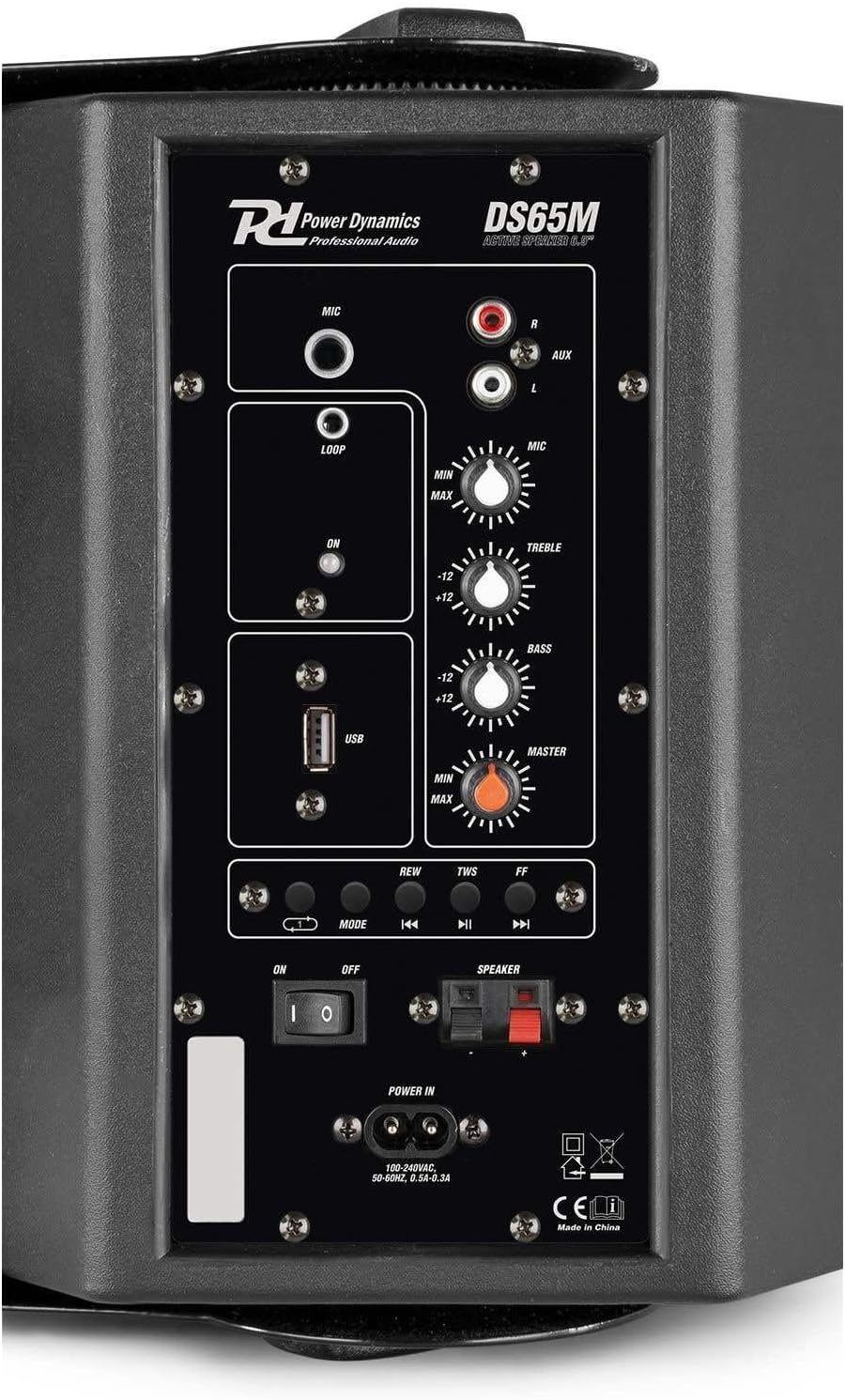 รายละเอียด view of the Power Dynamics DS65MB active speaker's control panel with various inputs and knobs.