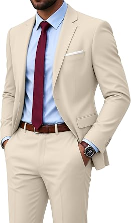 Mens Suit 2 Piece Solid Suits for Men 2 Button Formal Dress Suits Slim Fit