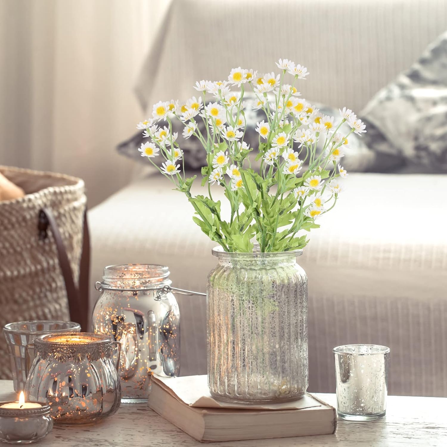LUOZZY 3 Pcs Artificial Chamomile Flower Bouquet Decorations Household Flower Arrangement Supplies Mother's Day Party Decorations (White)