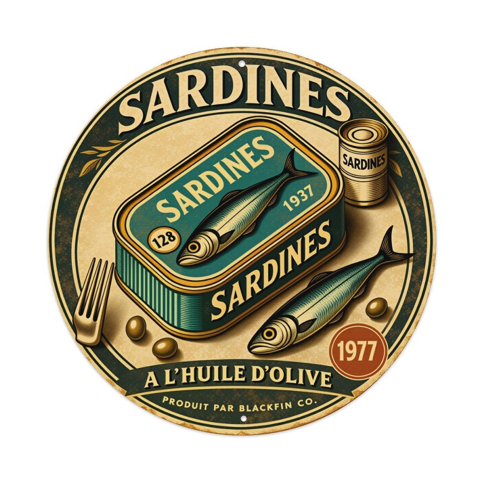 Sardines In Olive Oil Can Label Vintage Metal Tin Sign Retro Wall Decor for Home Bar Garage Cafe, Indoor & Outdoor Decorative，circle Metal Poster, 8x8 Inch