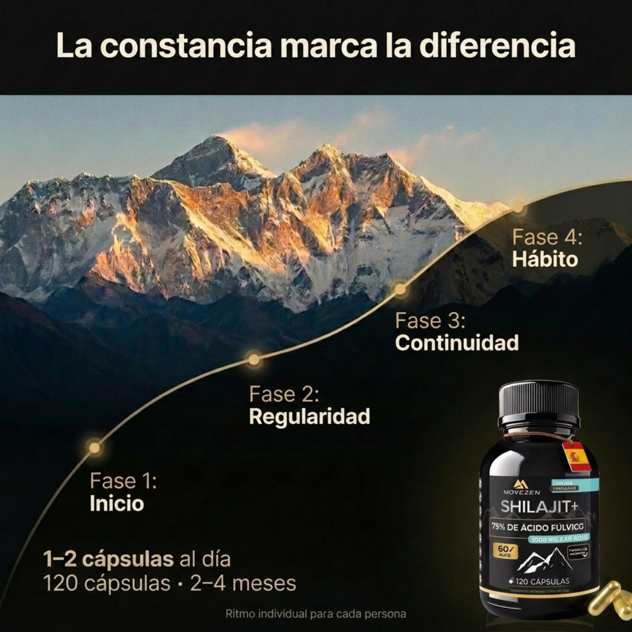 Shilajit+ Cápsulas Movezen, Himalaya, 120 Cápsulas Veganas, Sin Sabor, 1000 mg por Dosis, ≥75% Ácido Fúlvico, 85 Minerales, Hasta 120 Días, Analizado por Eurofins, Calidad Europea (Mumijo)