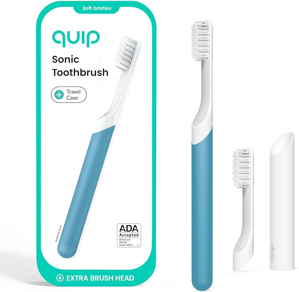 Quip Sonic Electric Toothbrush for Adults with Timer - Includes Travel Case &amp; Replacement Brush Head - 3 Month Battery Life, Plastic Handle - Marine Blue