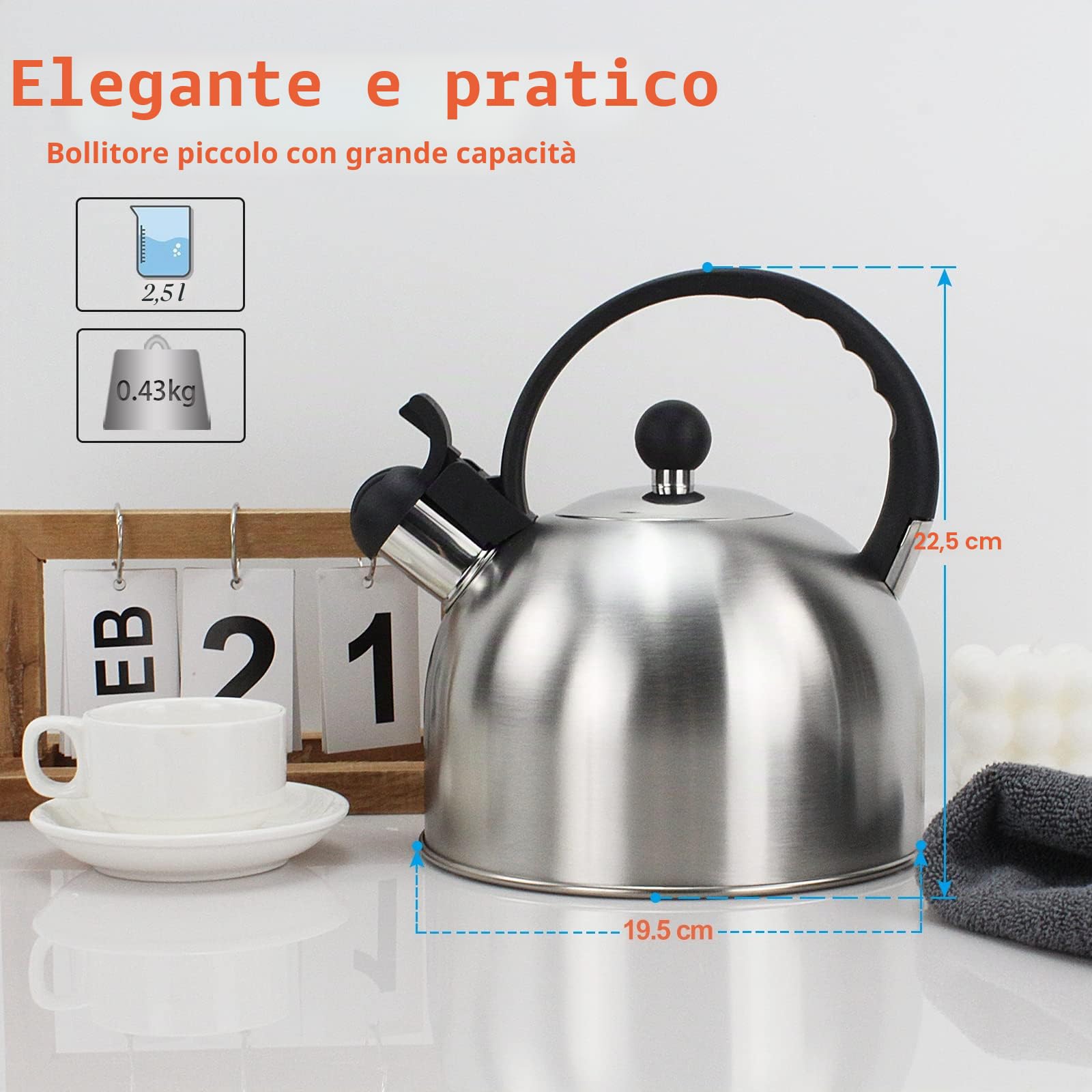 ROSSETTO Bollitore per acqua Bollitore per tè 2,5 litri in acciaio inossidabile di alta qualità Bollitore per acqua a induzione Bollitore per tè con suono di fischio, adatto a tutti i tipi di cucine