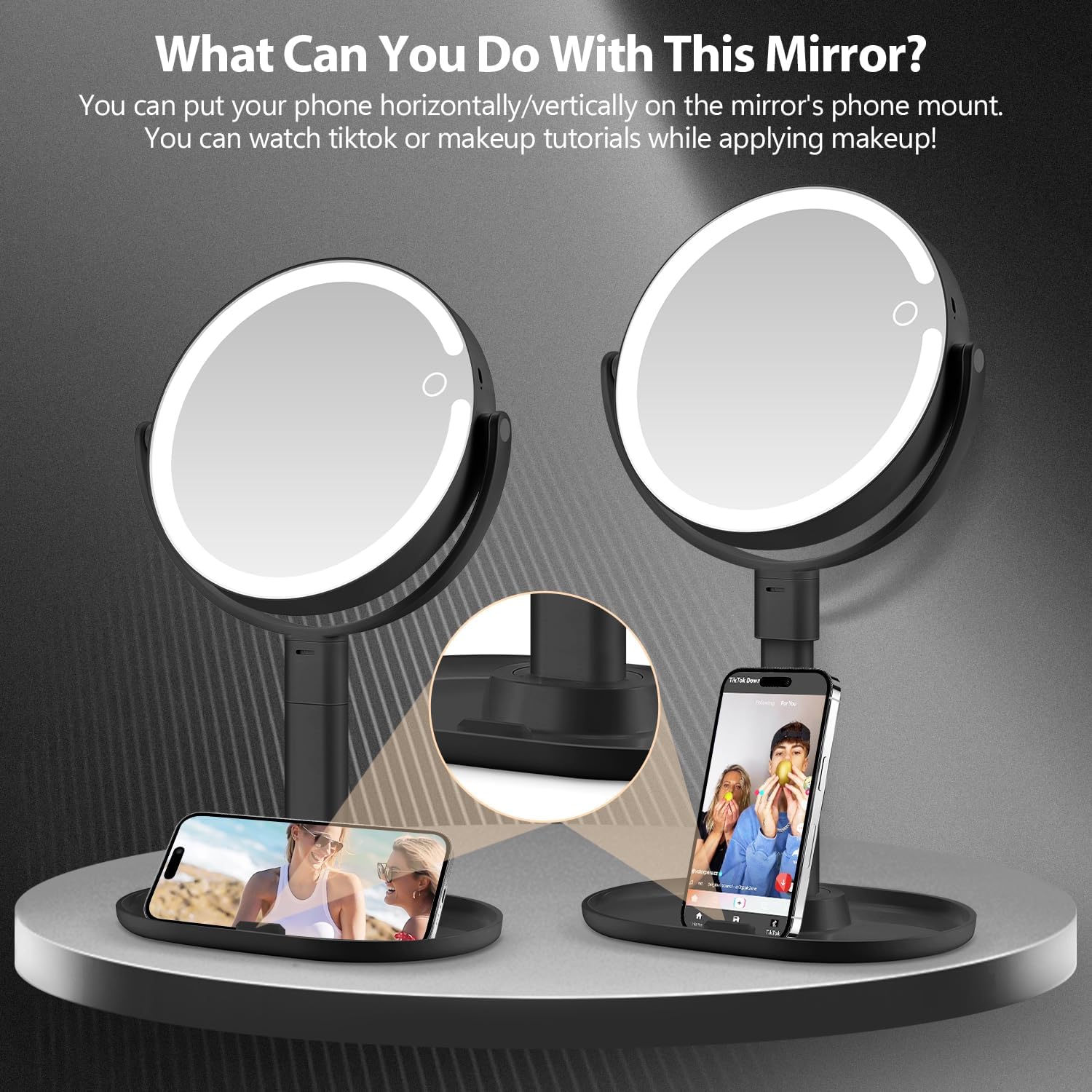 MIYADIVA Makeup Mirror with Lights, 30X Magnifying Mirror with Light and Touch Switch, Vanity Mirror with 3 Color Light and 80 LEDs, Height Adjustable Desk Mirror with Lights, Black