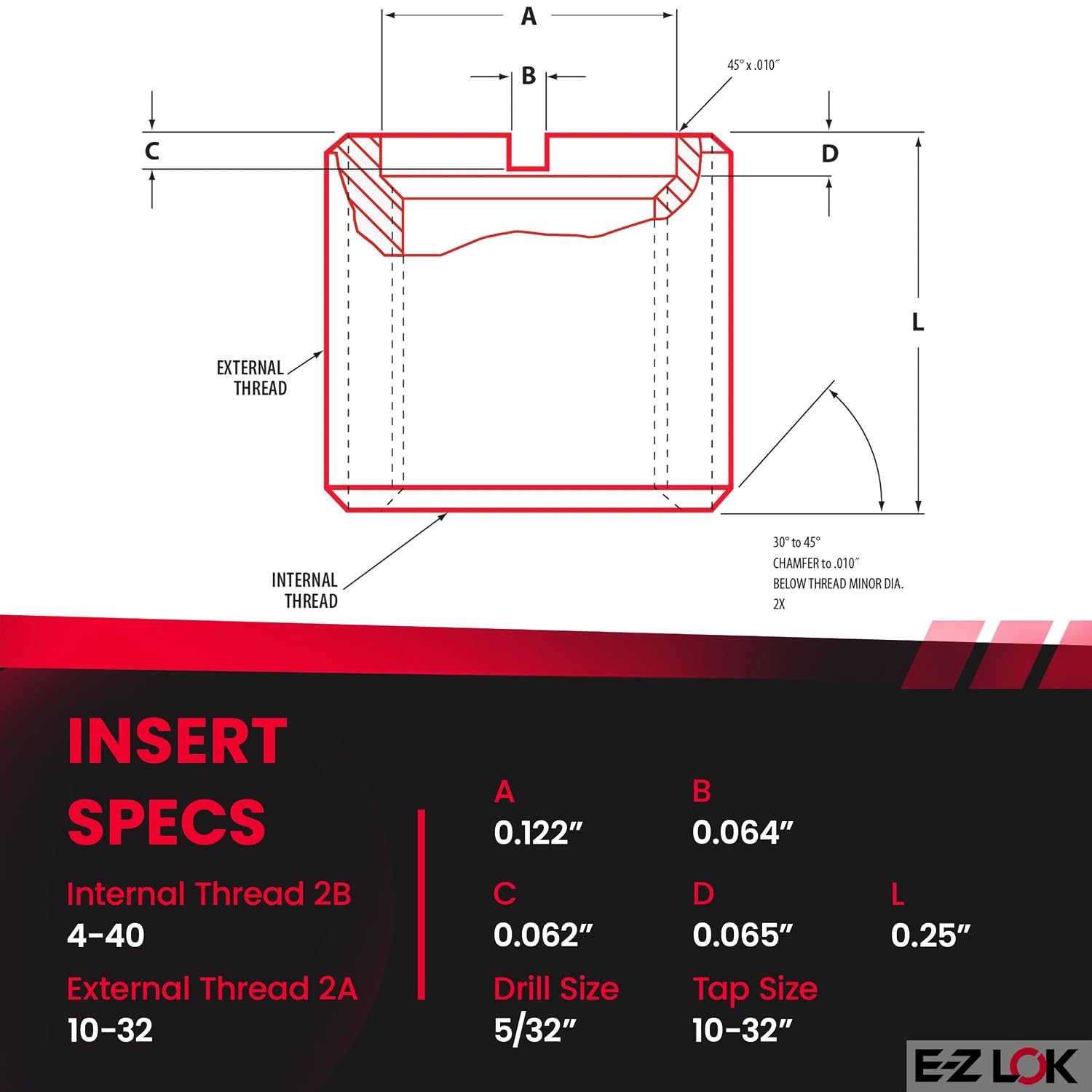 E-Z LOK Thread Insert, 4-40 Internal, 10-32 External, 10 ct