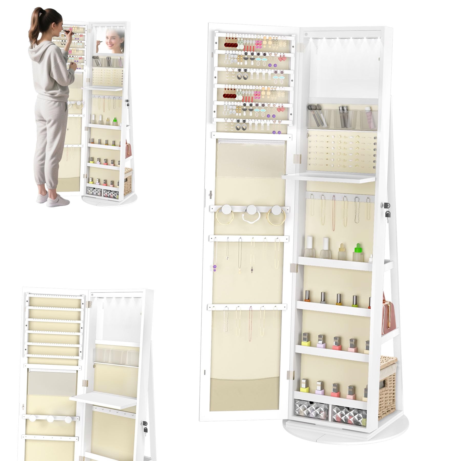 LZQ Armoire à bijoux avec miroir et lumières LED - Pivotant à 360° - Verrouillable - Organiseur de bijoux 3 en 1 - Grand rangement de bijoux - 161 x 54,5 x 10 cm - Blanc