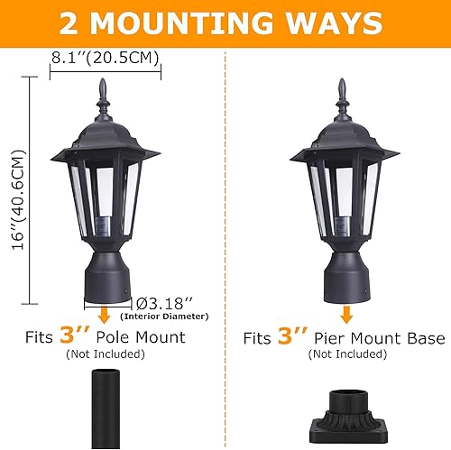 Miniatura 3 de LIT-PaTH Lámpara de poste para exteriores de 16 pulgadas, farol de poste exterior con vidrio transparente, iluminación de poste de aluminio cableado