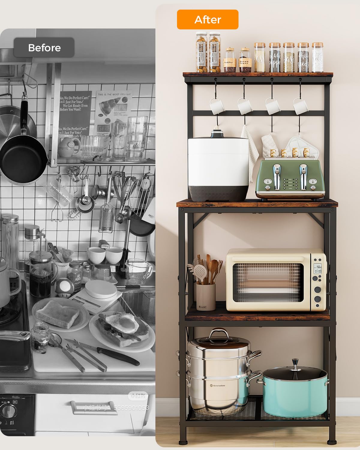 COMHOMA Scaffalatura,Scaffale Cucina,Scaffale a Piede,Scaffale per Microonde,Scaffale Spezie,Libreria con Protezione Anti-Ribaltamento,Mobile con 4 Ripiani,8 Ganzi a S,55x37x126cm,Marrone Vintage