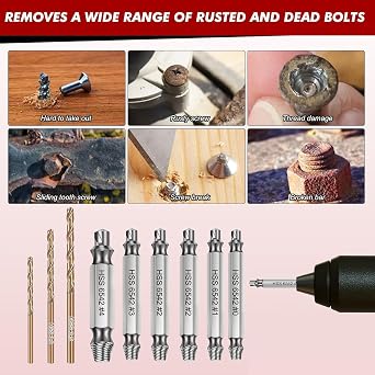 9 PCS Damaged Screw Extractor Set,6 PCS HSS 6542 Screw Extractor Remover Kit and 3 PCS Twist Drill Bit Kit, Bolt Extractor Set for Damaged Broken Stripped Screws