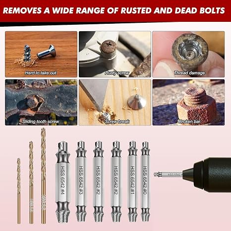 9 PCS Damaged Screw Extractor Set,6 PCS HSS 6542 Screw Extractor Remover Kit and 3 PCS Twist Drill Bit Kit, Bolt Extractor Set for Damaged Broken Stripped Screws