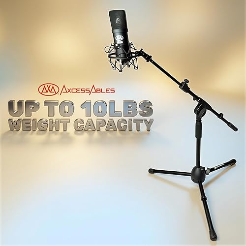 Miniatura 4 de AxcessAbles - Soporte corto para micrófono con brazo de pluma | Soporte de trípode de micrófono de perfil bajo para tambores | Soporte de