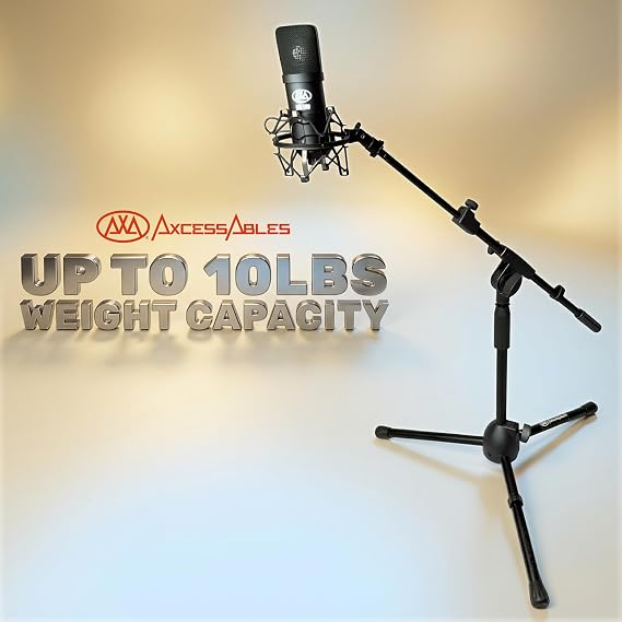 AxcessAbles Short Microphone Stand with 34 Telescoping Boom Arm | Low Profile Mic Tripod for Drums and Guitar Amps