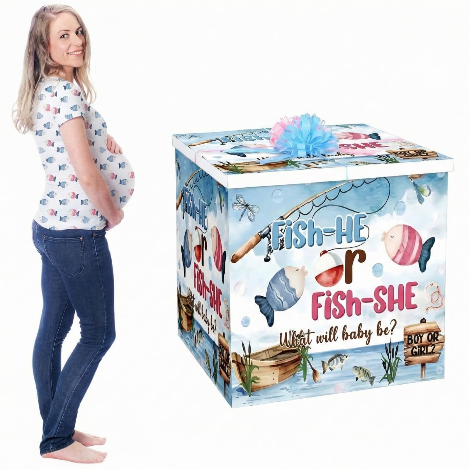 AmazingSpark 28in Jumbo Gender Reveal Gift Box Kit with Oversized Box Giant Pull Bows for Gender Reveal Baby Shower Birthday Party Decor(Fishing)