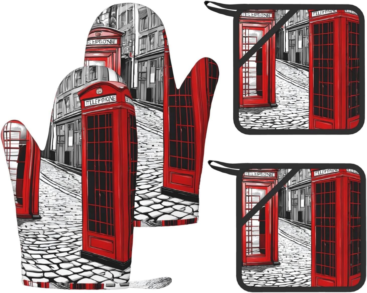 London Red Telephone Booth 4pcs Oven Mitts and Pot Holders Sets for Kitchen, Silicone Oven Gloves Non-Slip Potholders Hot Pads for Baking Cooking