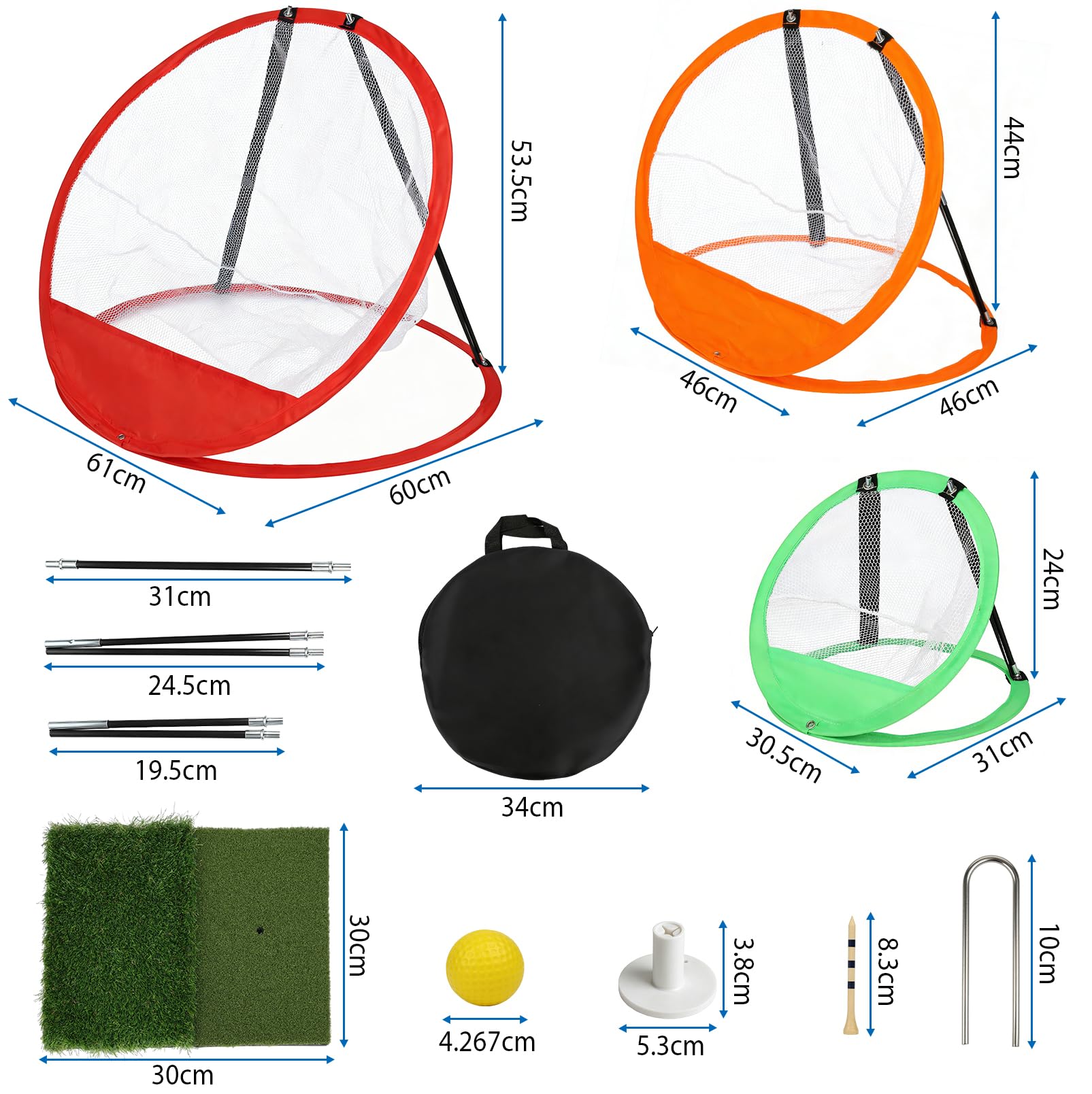 Golf Übungsnetz Set, Golf Chipping Netz mit 3 Farbigen Chipping Netzen, GolfTrainingsnetz Kit mit Doppelte Rasenmatte,12 PU Übungsbällen,5 Tees,Indoor Outdoor GolfSimulator für Garten Terrasse Übung
