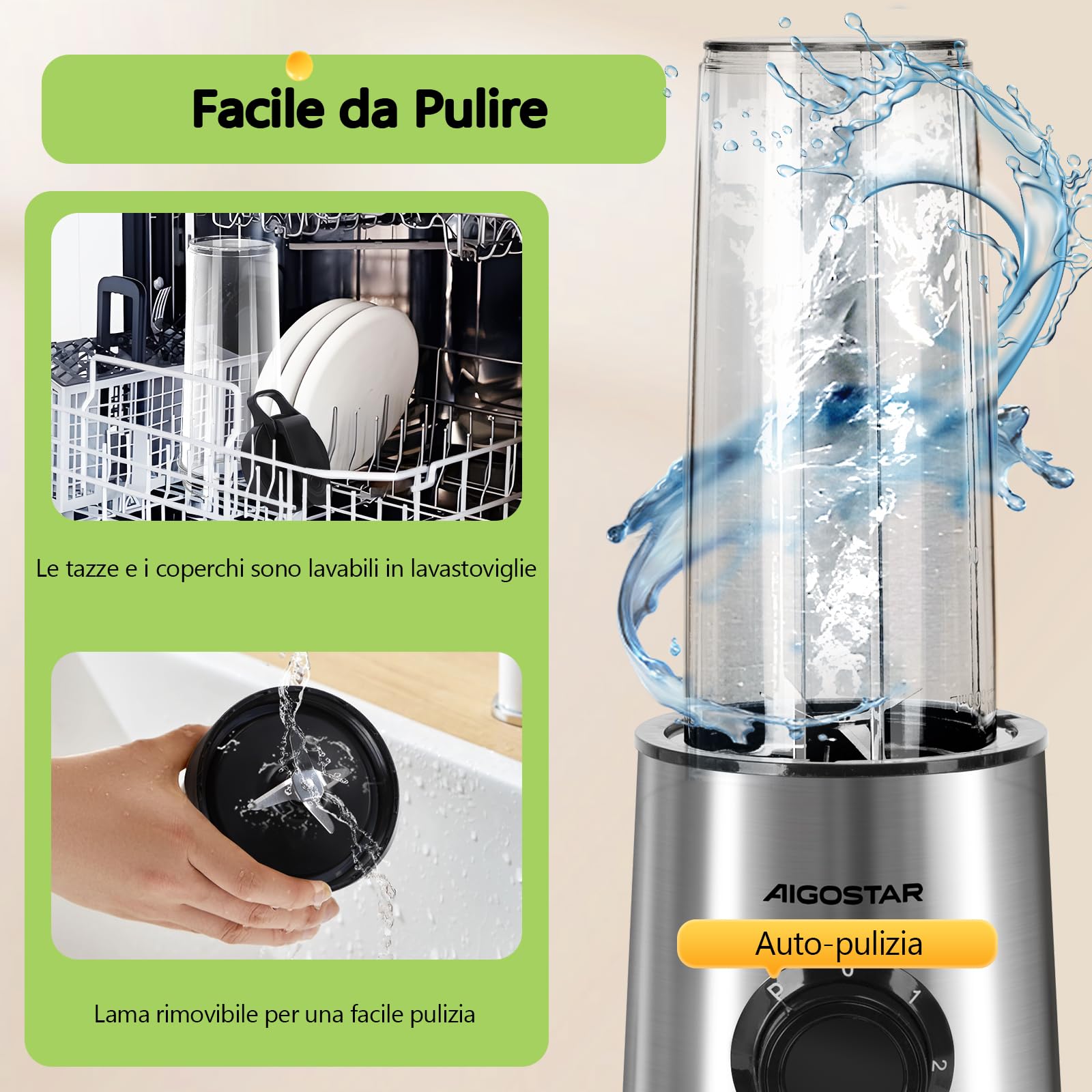 Aigostar Frullatore Portatile, Frullatore Elettrico con borraccia da 2 * 800ml BPA FREE, 2 Velocità e Pulse, 4 Lame Inox, 600W, per Frullati, Trita Ghiaccio e Frutta Congelata. Nero, Baron.