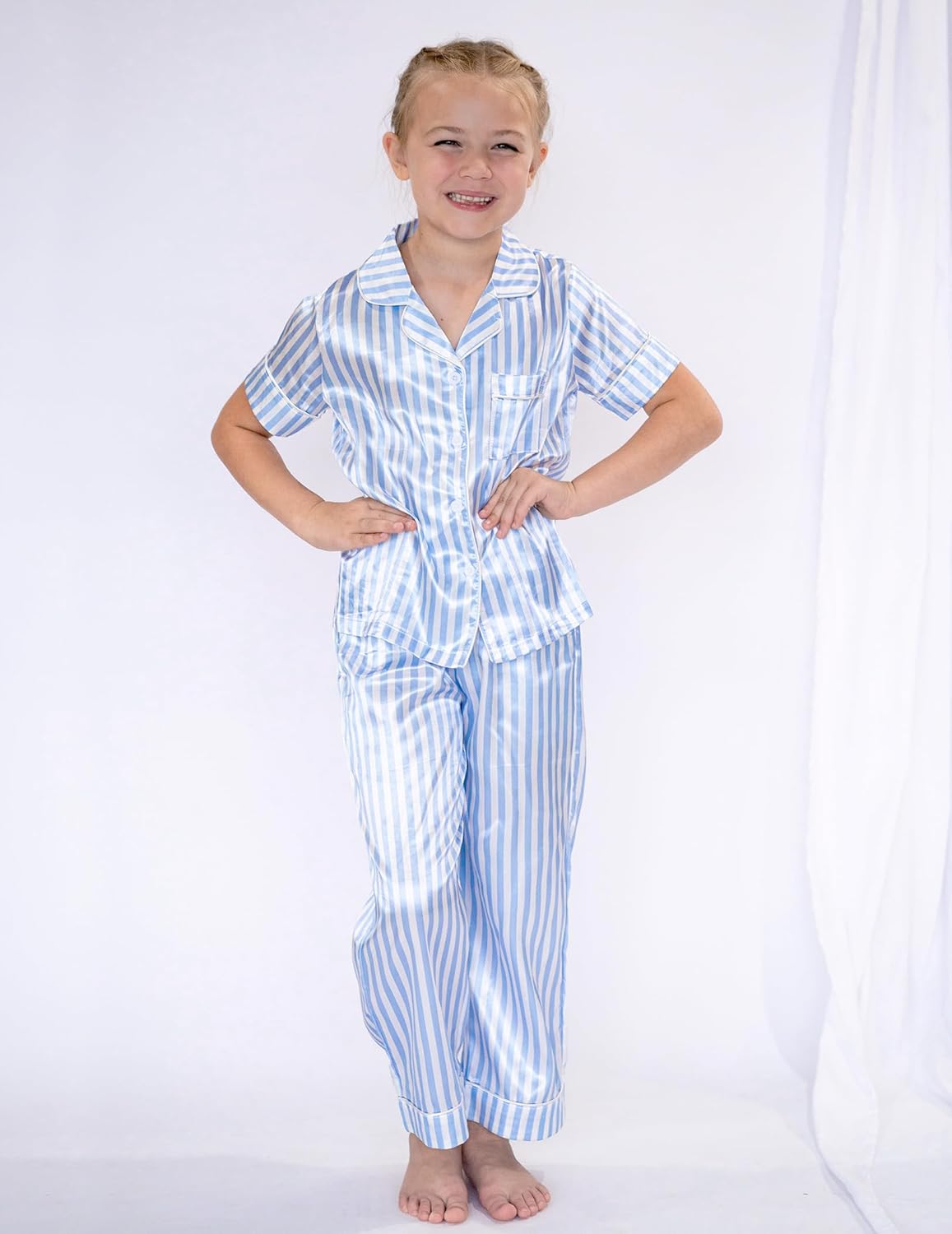 Arshiner Girls Pajamas Silk Satin Button Down Pjs 2 Piece Short Sleeve Sleepwear Set - Image 4
