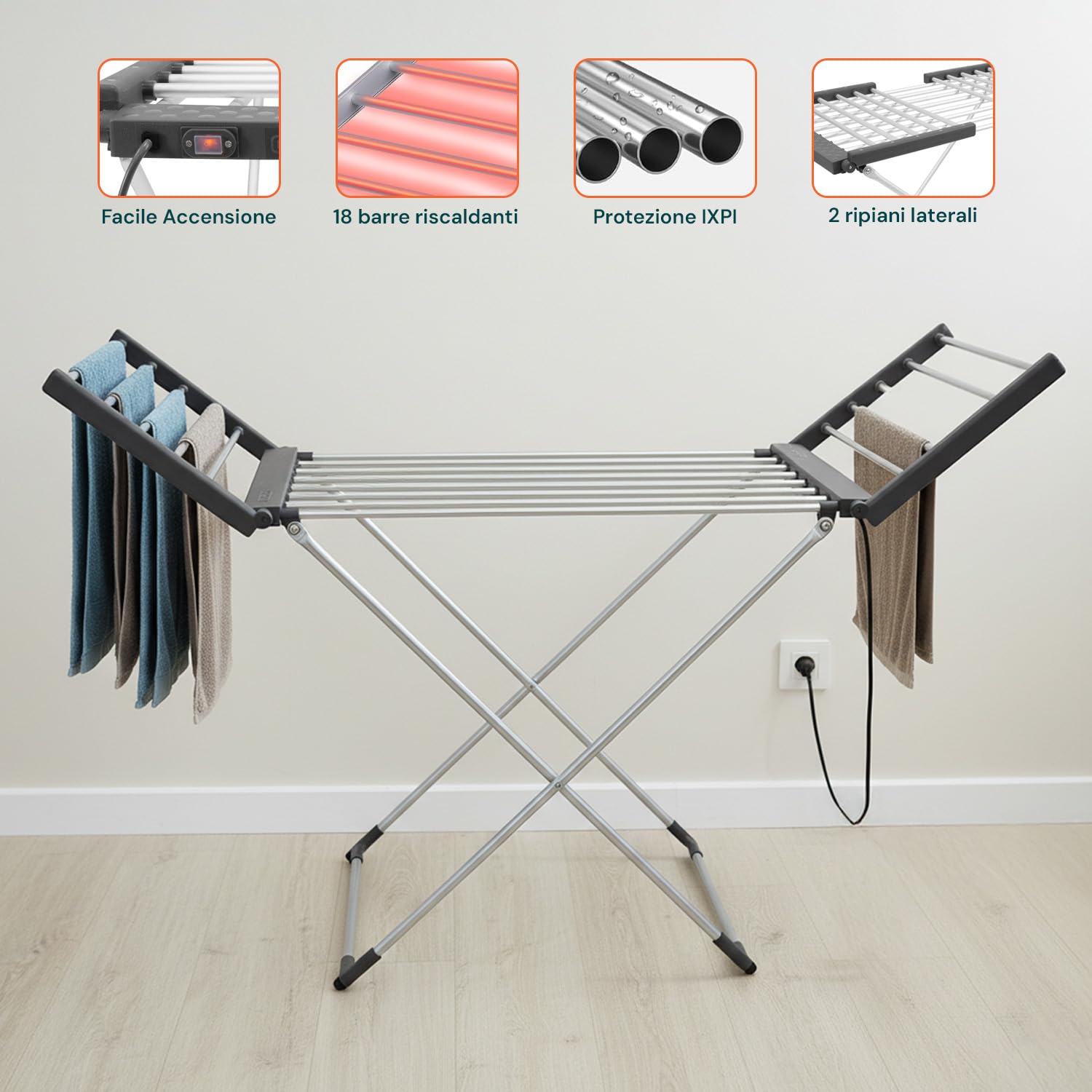 Wintem – Stendino Elettrico Richiudibile Magic Dry XL in Alluminio con 2 Ripiani Riscaldanti, Stendibiancheria Salvaspazio per Casa, Asciugabiancheria Rapido e a Basso Consumo