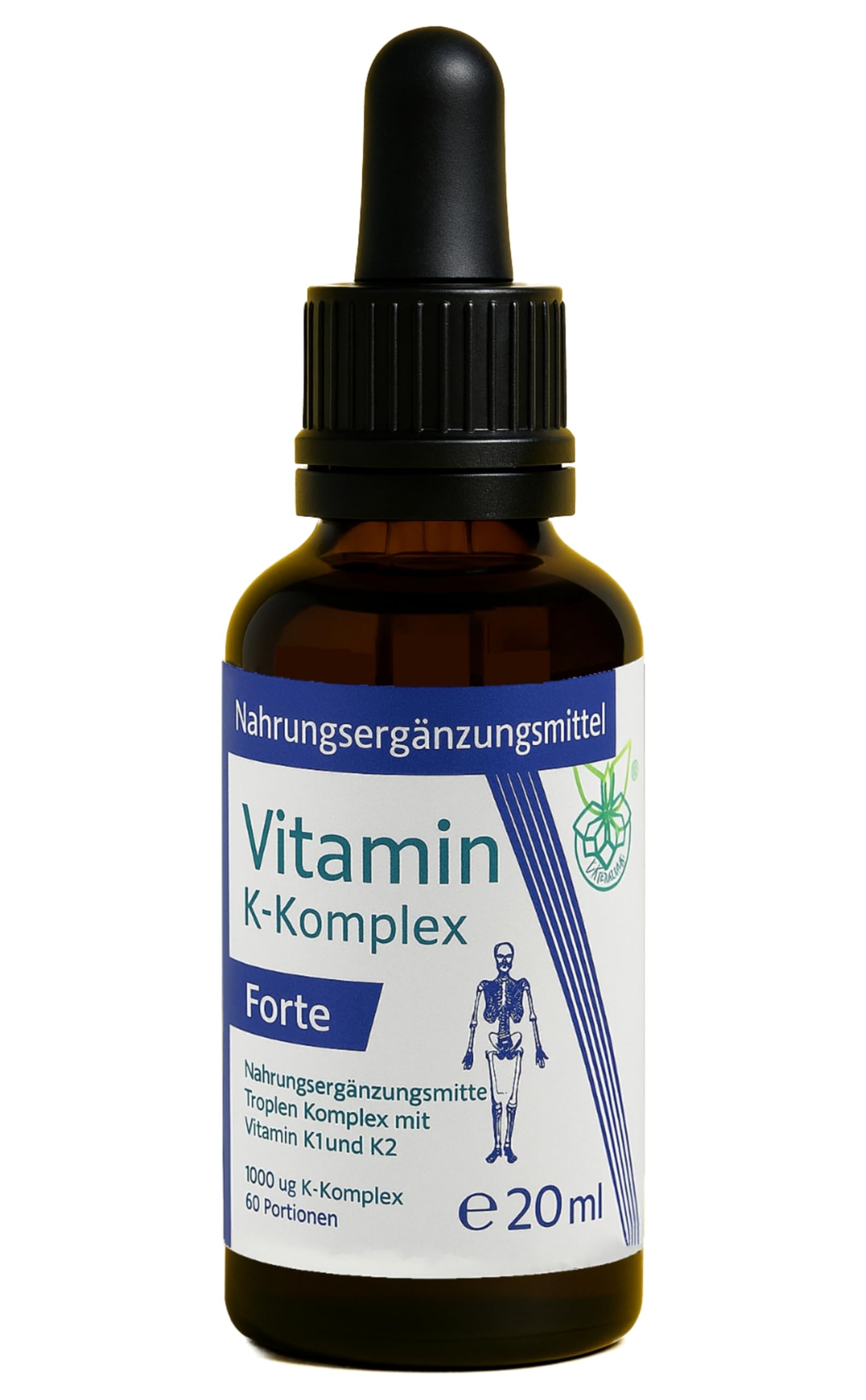 Vitamin K2 Forte Tropfen flüssig, K1 und K2 K-Komplex - Menaquinon MK7, hochdosiertes Liquid in MCT-Öl gelöst und bioaktiver MK-7-Form, 20 ml
