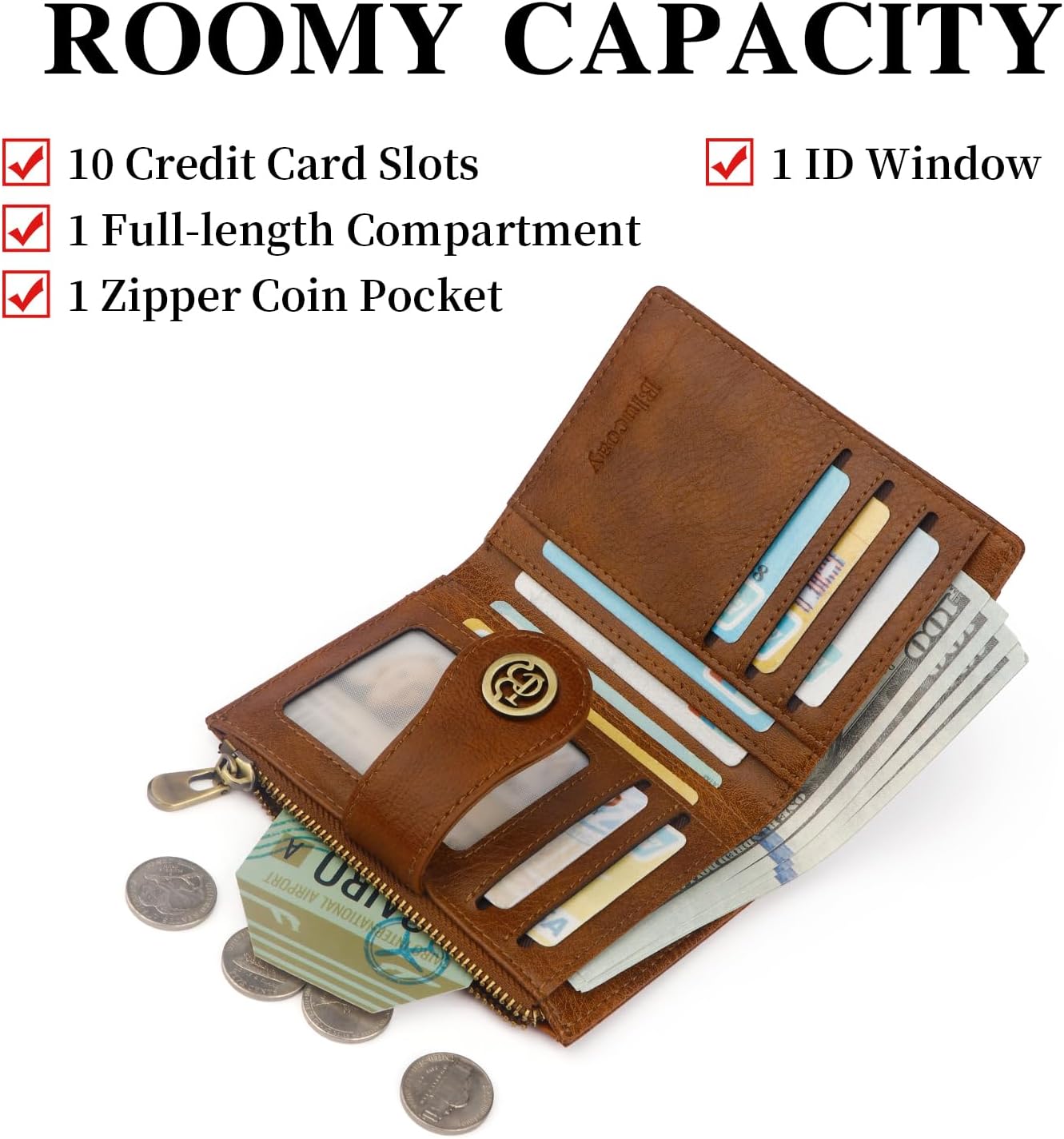 Leather Wallet Women,RFID Blocking Small Wallet for Women Bifold Compact Slim Wallet Card Holder With Zipper Coin Pocket(Deepbrown)